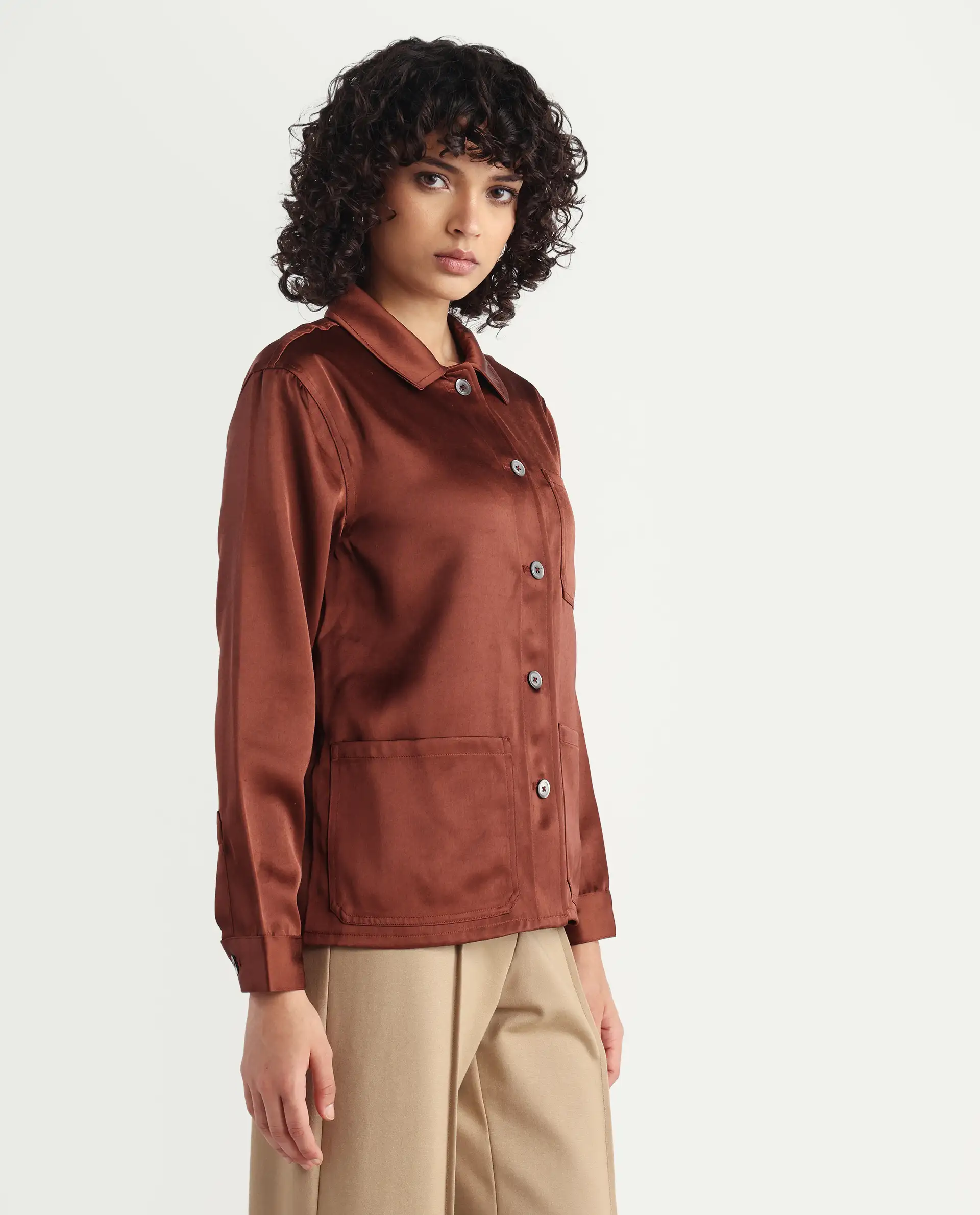 Rareism Women's Elika Brown Polyester Spread Collar Plain Regular Fit Jacket - Image 6