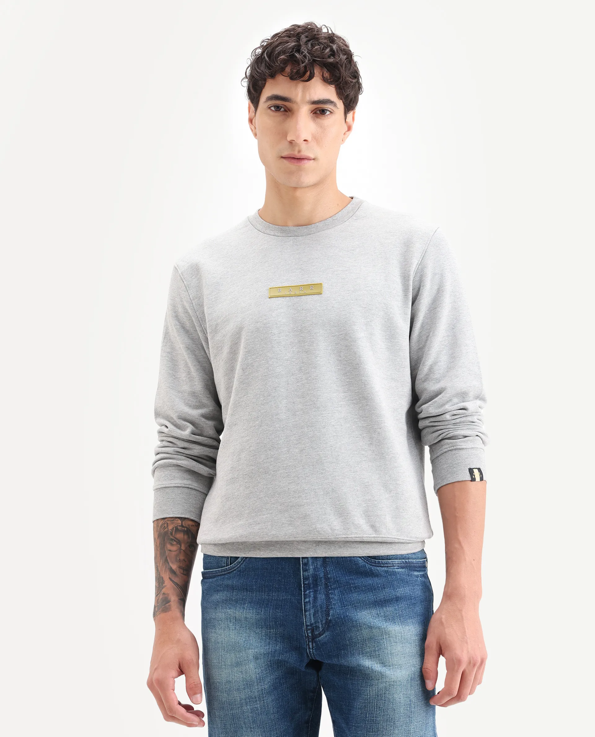 Rare Rabbit Men's Elio Grey Cotton Plain Regular Fit Full Sleeve Crew Neck Sweatshirt - Image 4