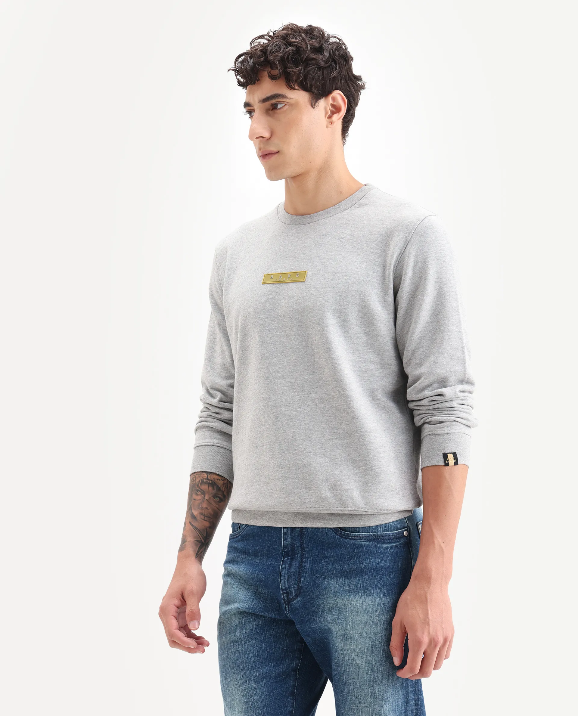 Rare Rabbit Men's Elio Grey Cotton Plain Regular Fit Full Sleeve Crew Neck Sweatshirt - Image 5