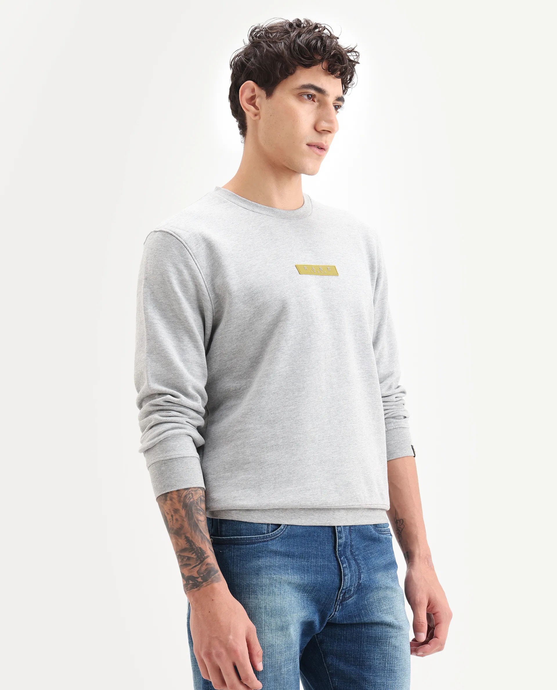 Rare Rabbit Men's Elio Grey Cotton Plain Regular Fit Full Sleeve Crew Neck Sweatshirt - Image 6