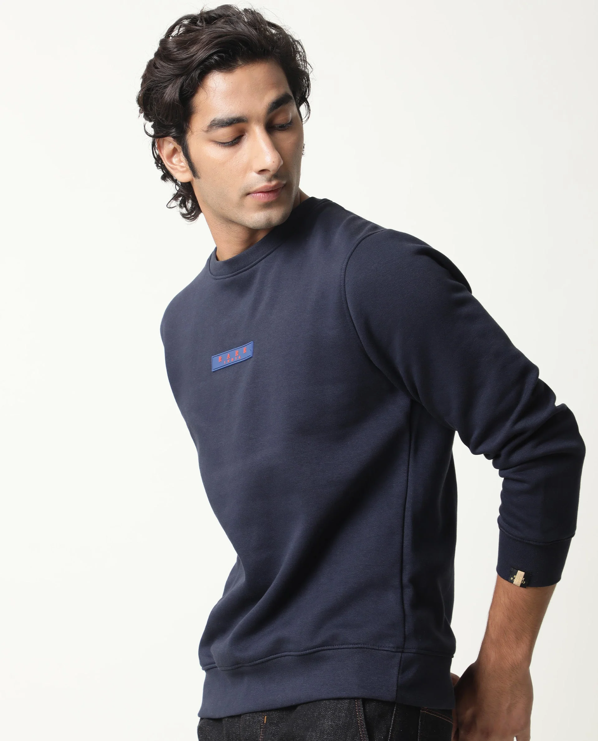 Rare Rabbit Men's Elio Navy Cotton Plain Slim Fit Full Sleeve Crew Neck Sweatshirt