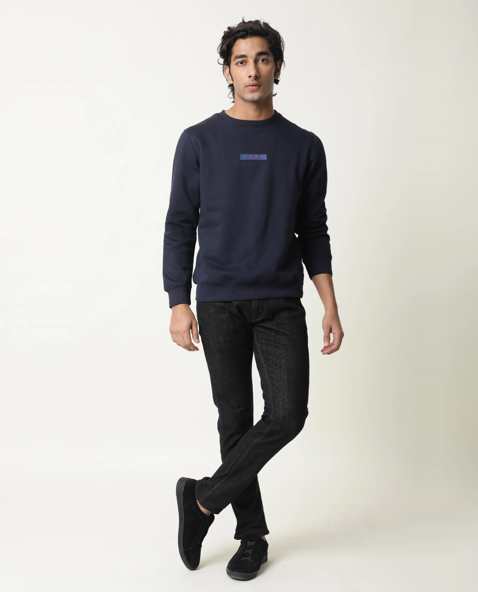 Rare Rabbit Men's Elio Navy Cotton Plain Slim Fit Full Sleeve Crew Neck Sweatshirt - Image 2