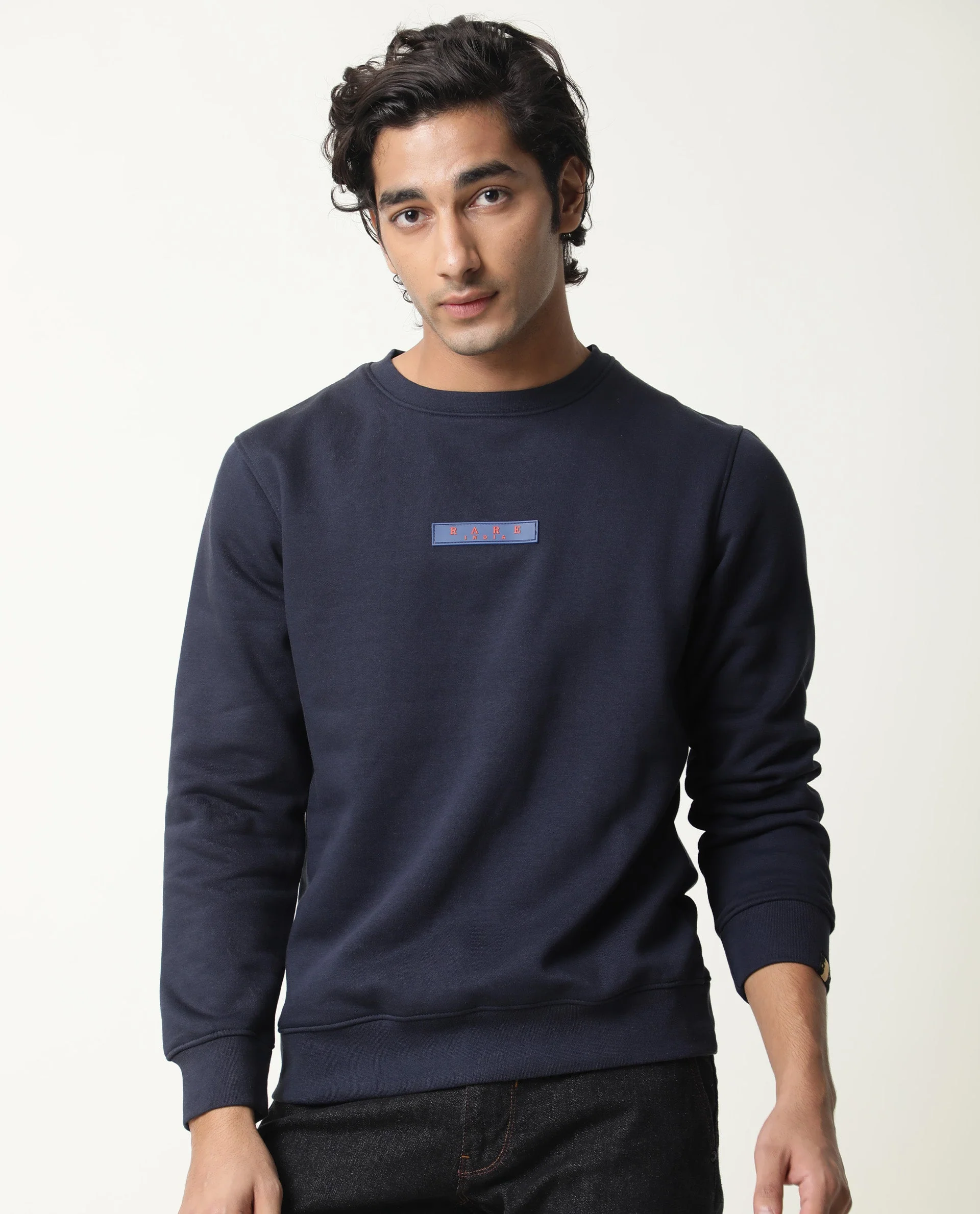 Rare Rabbit Men's Elio Navy Cotton Plain Slim Fit Full Sleeve Crew Neck Sweatshirt - Image 3