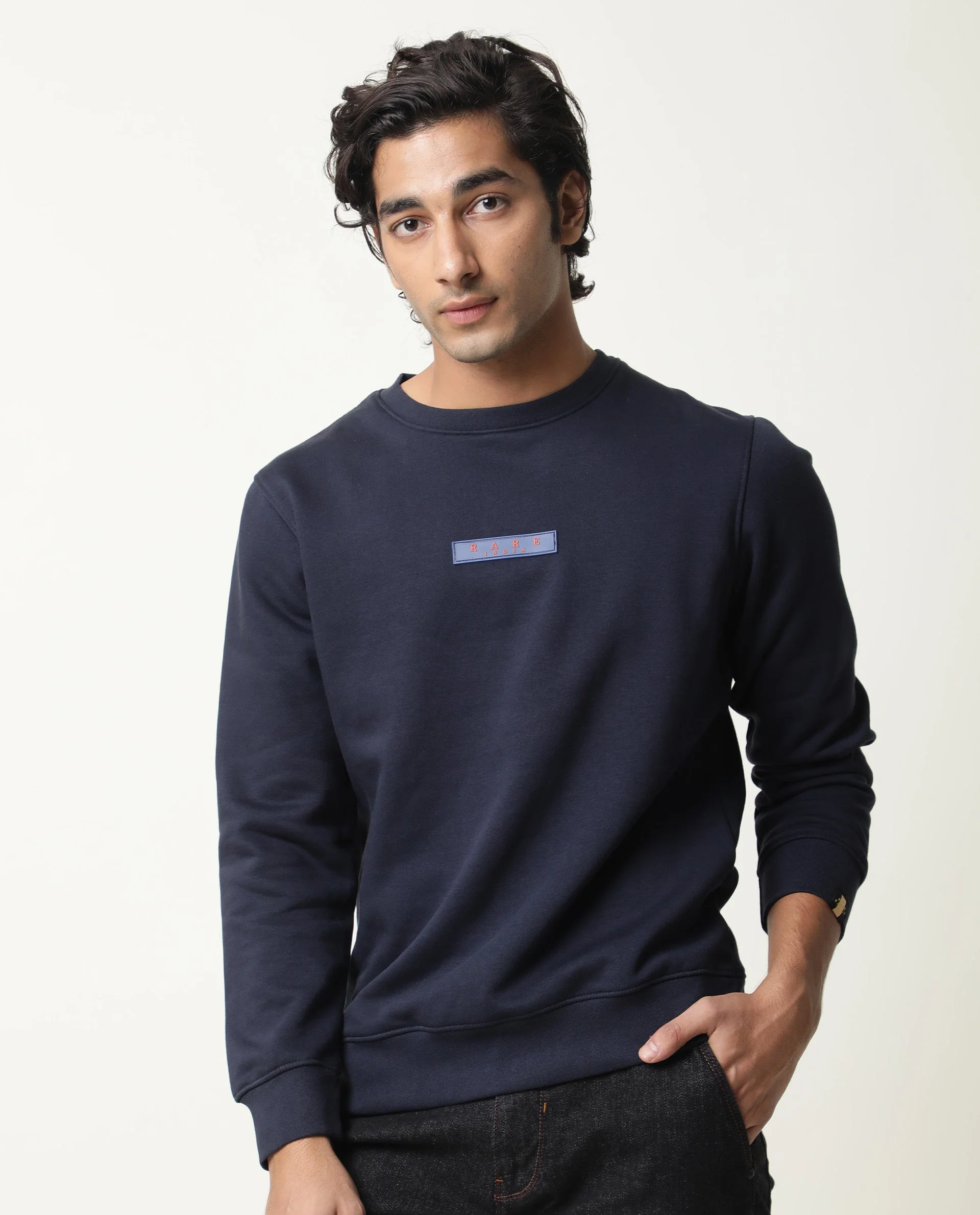 Rare Rabbit Men's Elio Navy Cotton Plain Slim Fit Full Sleeve Crew Neck Sweatshirt - Image 4