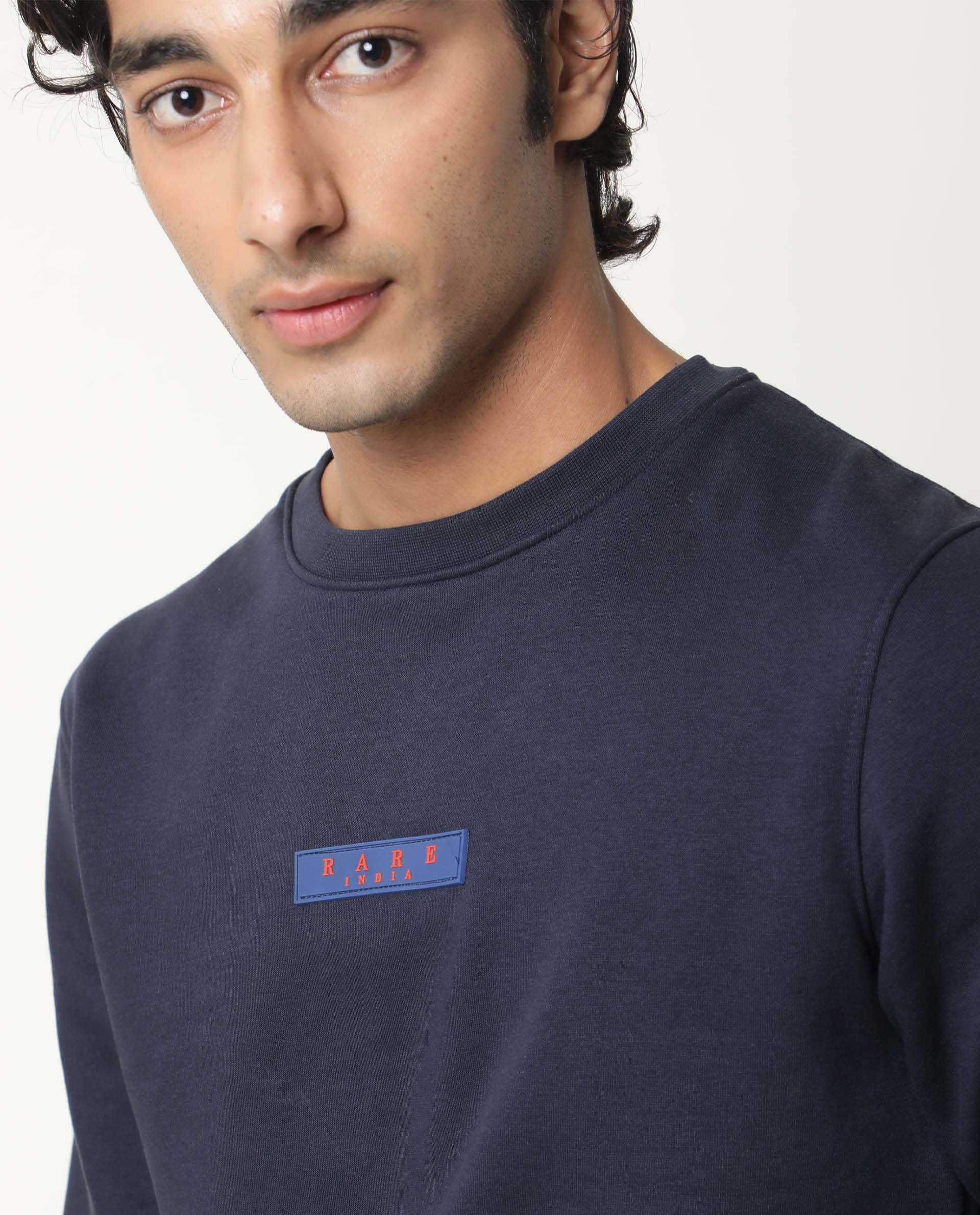 Rare Rabbit Men's Elio Navy Cotton Plain Slim Fit Full Sleeve Crew Neck Sweatshirt - Image 5