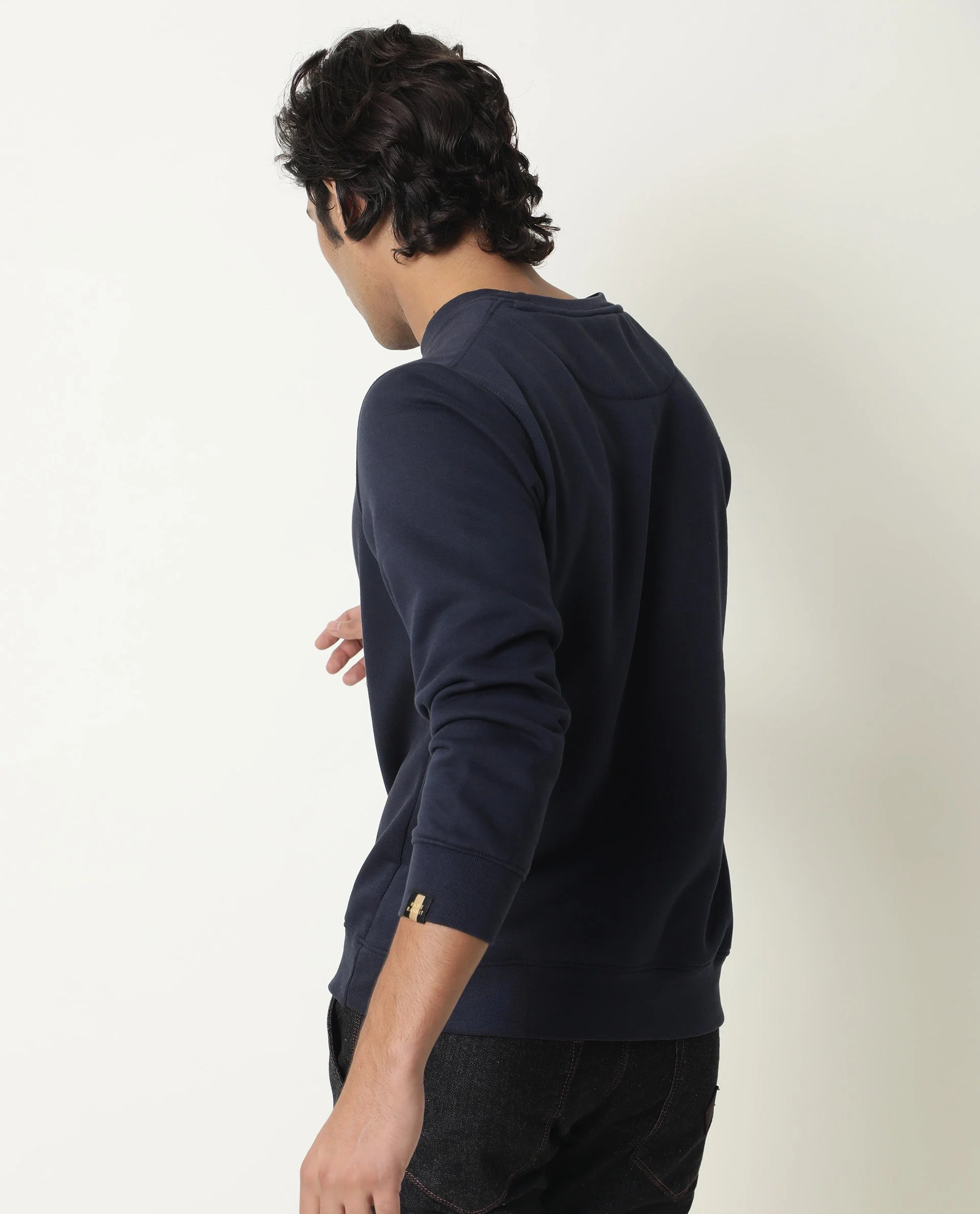 Rare Rabbit Men's Elio Navy Cotton Plain Slim Fit Full Sleeve Crew Neck Sweatshirt - Image 6