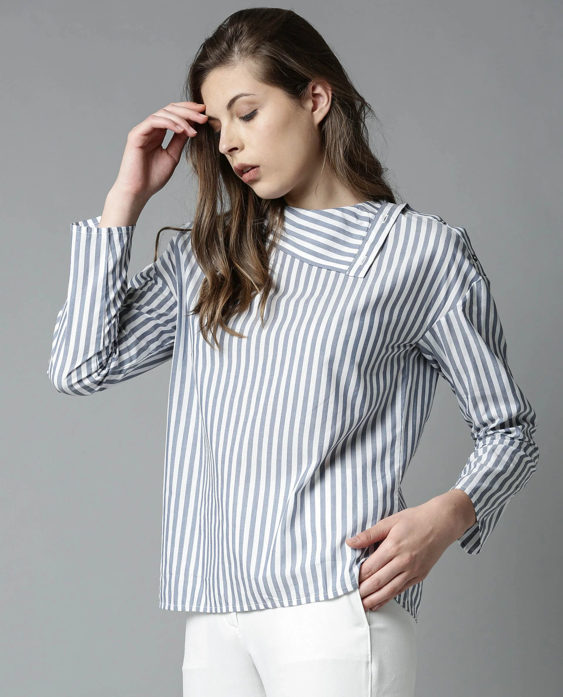 Rareism Women Elios Navy Top Full Sleeves Stripe - Image 3