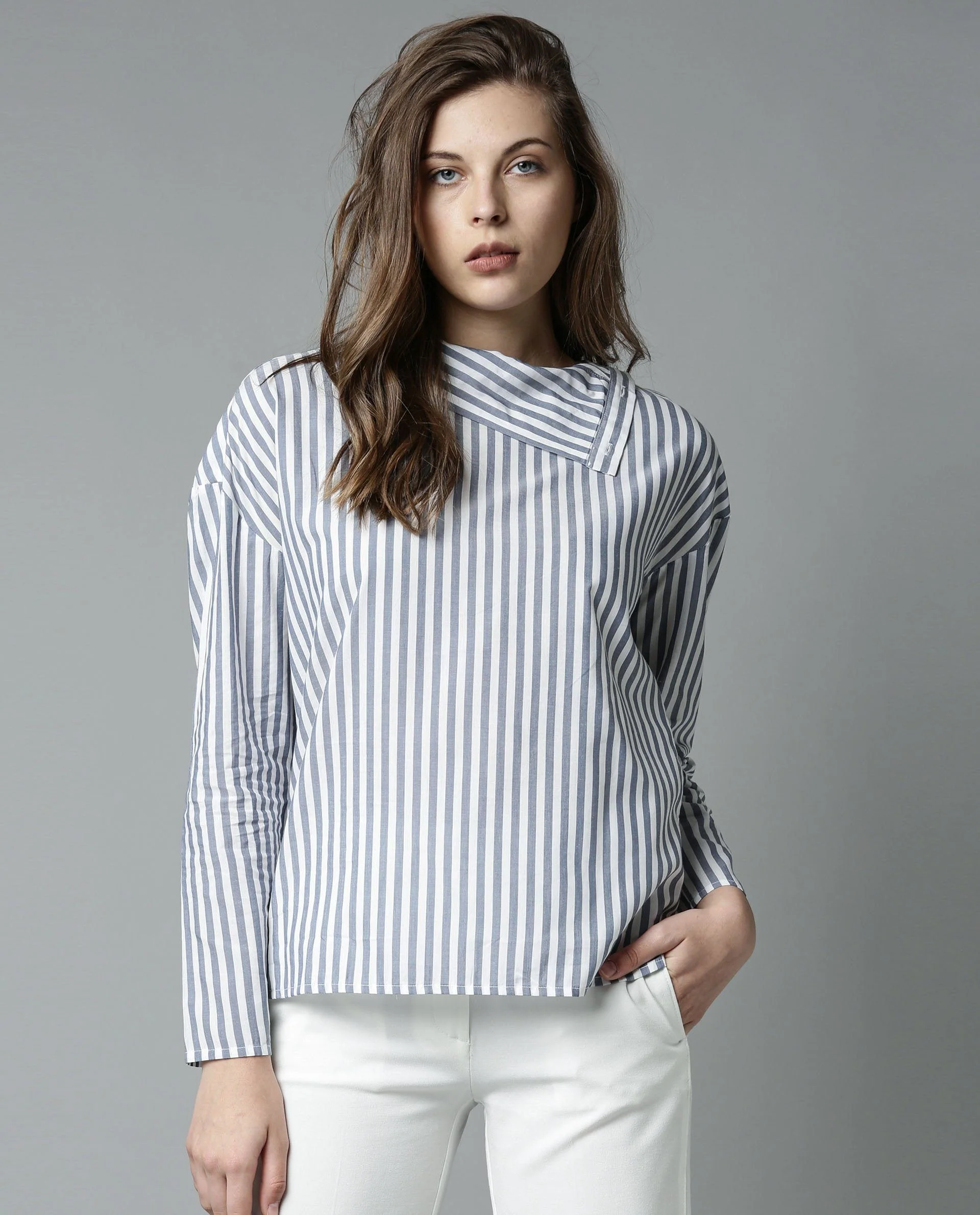 Rareism Women Elios Navy Top Full Sleeves Stripe - Image 4