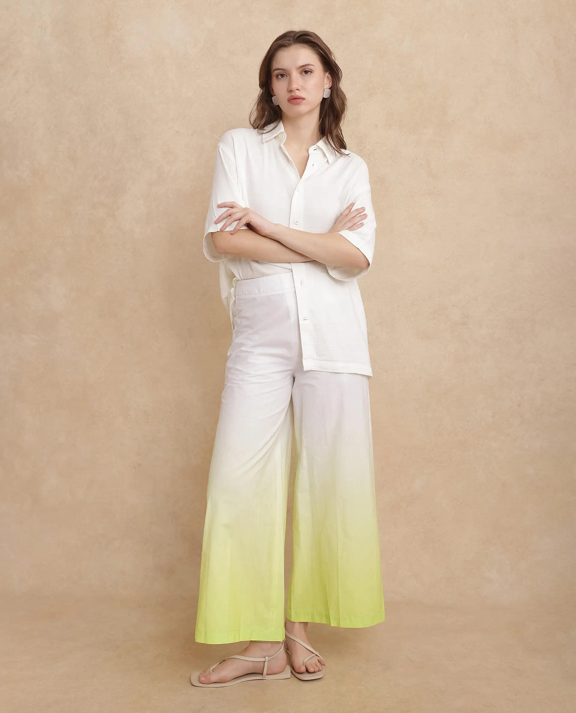 Rareism Women's Elise Green Cotton Ombre Ankle Length Wide Trouser