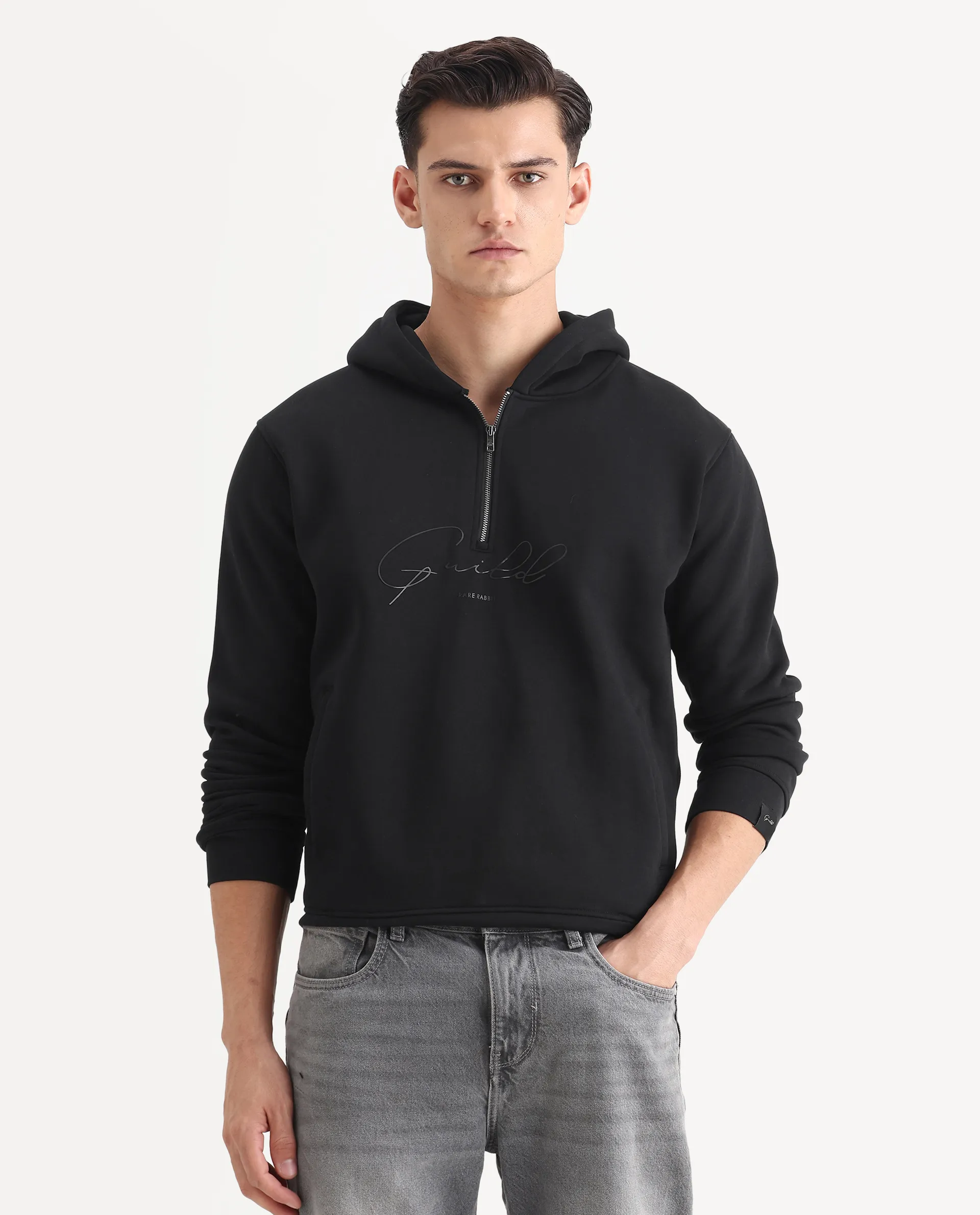 Rare Rabbit Men's Elite Black Cotton Graphic Print Relaxed Fit Full Sleeve Hooded Sweatshirt