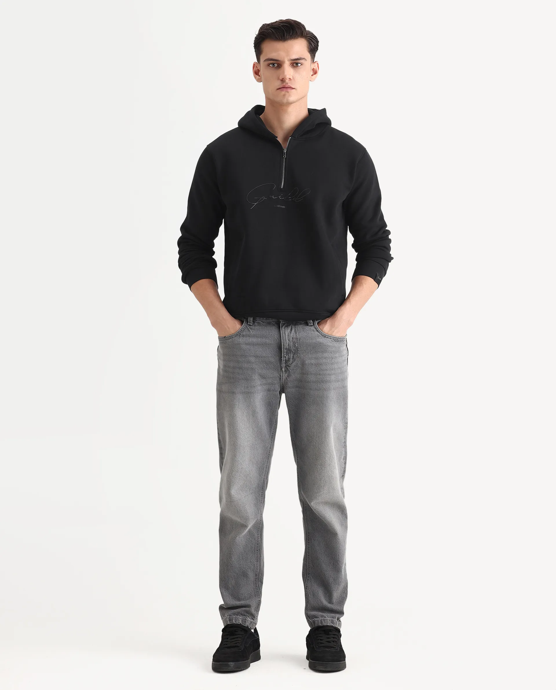 Rare Rabbit Men's Elite Black Cotton Graphic Print Relaxed Fit Full Sleeve Hooded Sweatshirt - Image 2