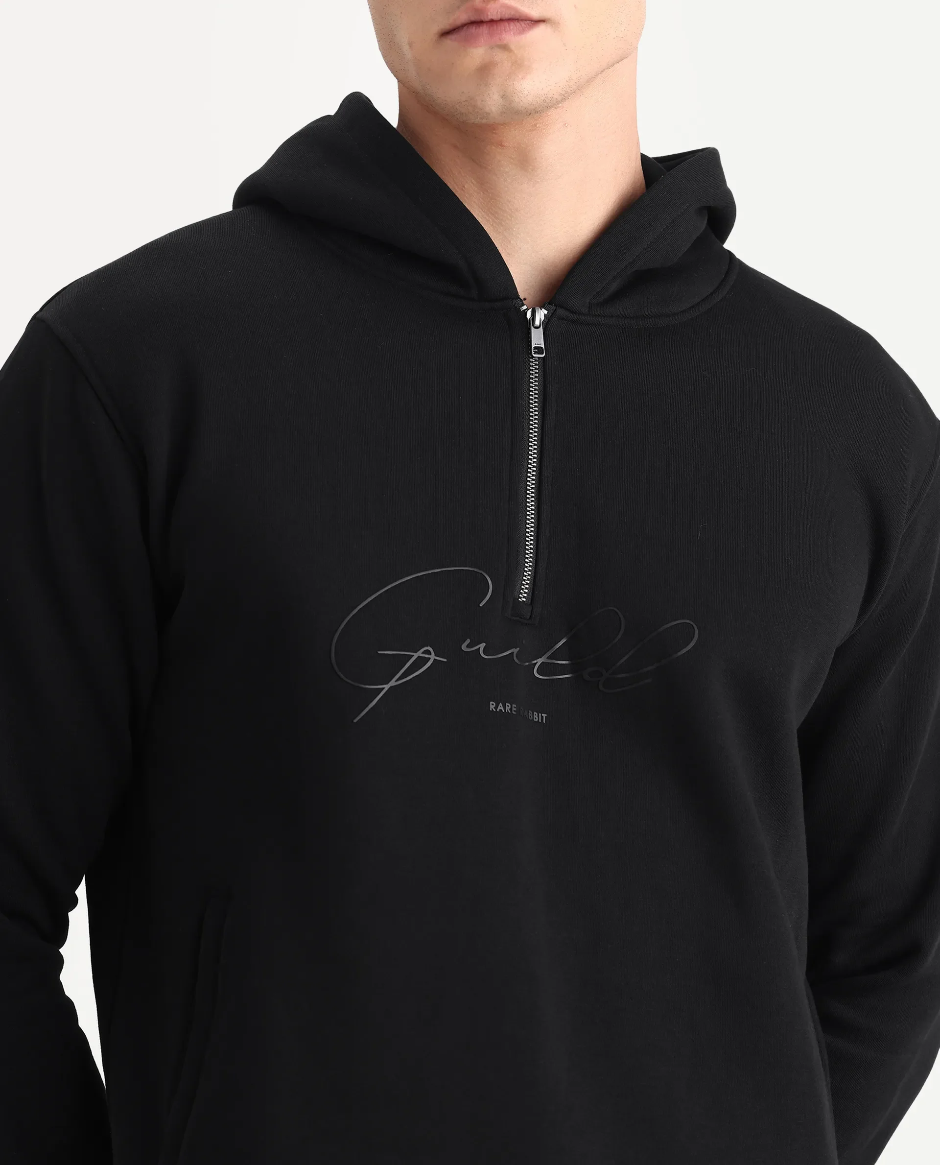 Rare Rabbit Men's Elite Black Cotton Graphic Print Relaxed Fit Full Sleeve Hooded Sweatshirt - Image 3