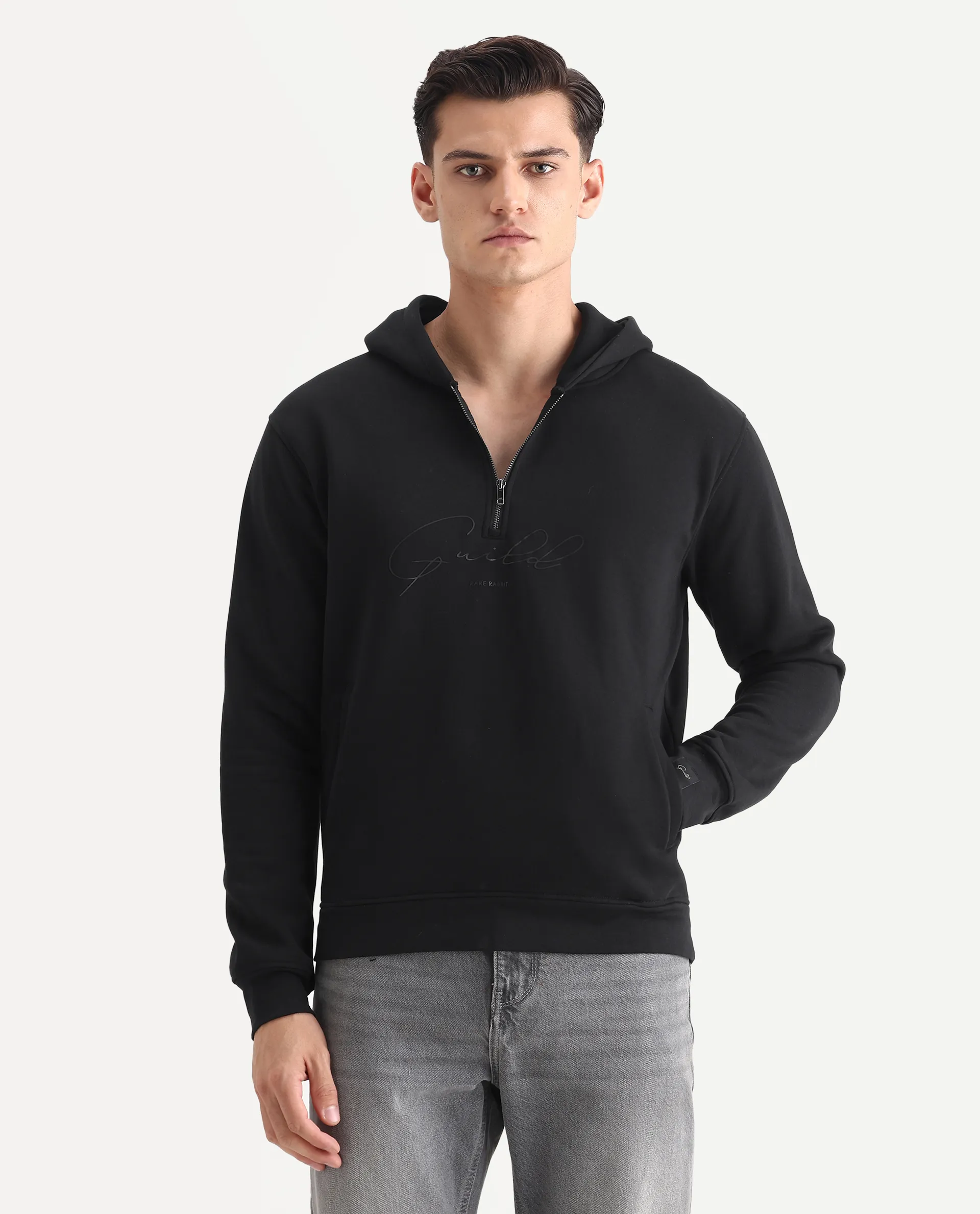 Rare Rabbit Men's Elite Black Cotton Graphic Print Relaxed Fit Full Sleeve Hooded Sweatshirt - Image 4