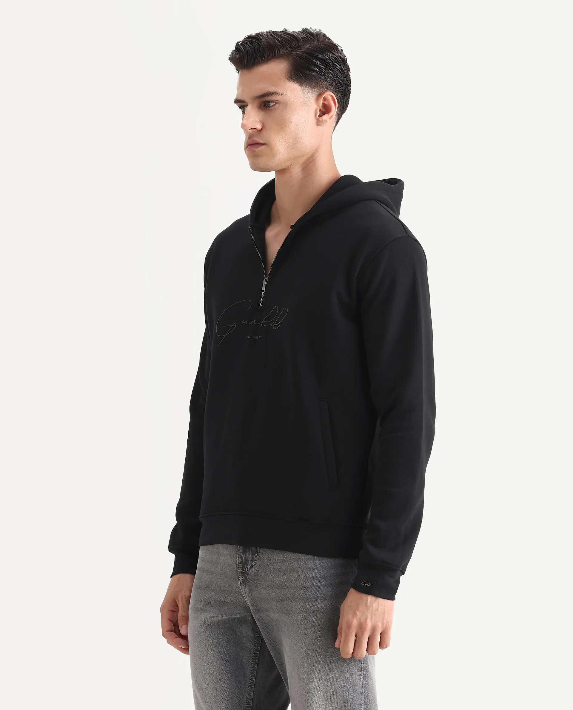 Rare Rabbit Men's Elite Black Cotton Graphic Print Relaxed Fit Full Sleeve Hooded Sweatshirt - Image 5