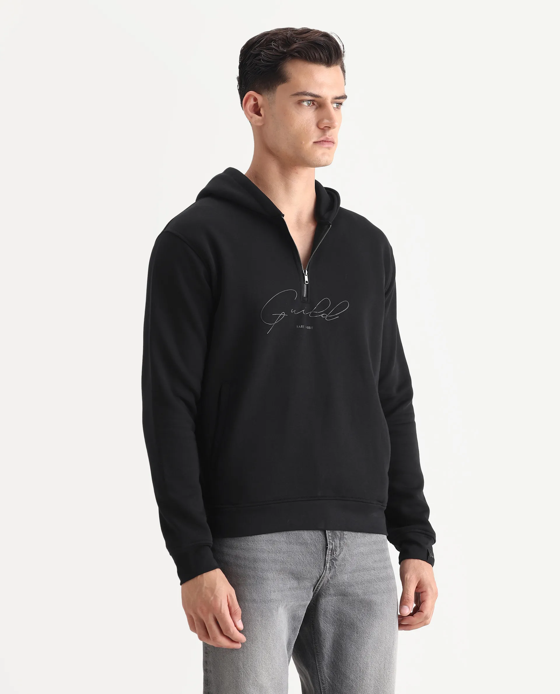 Rare Rabbit Men's Elite Black Cotton Graphic Print Relaxed Fit Full Sleeve Hooded Sweatshirt - Image 6