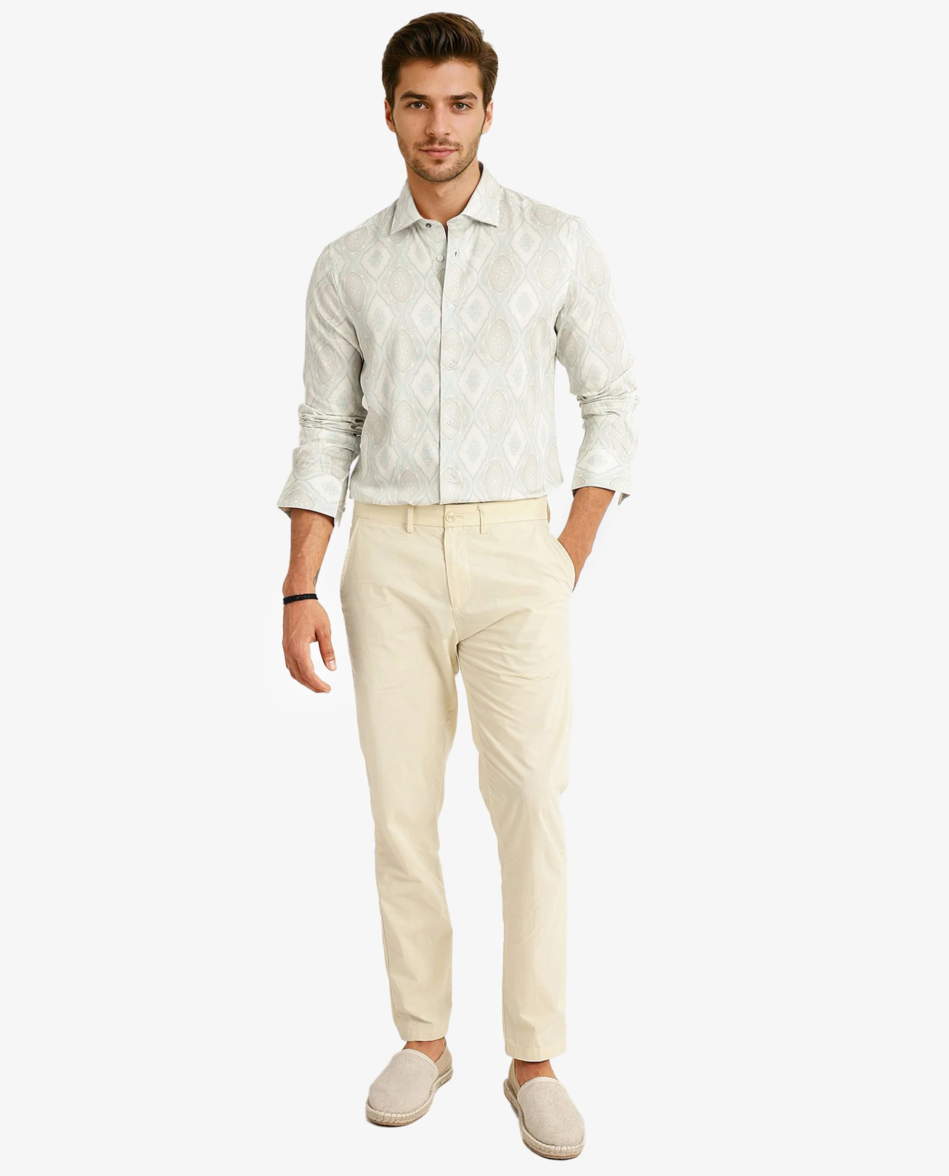 Rare Rabbit Men's Elix Off White Satin Decorative Print Regular Fit Full Sleeve Collared Shirt - Image 2
