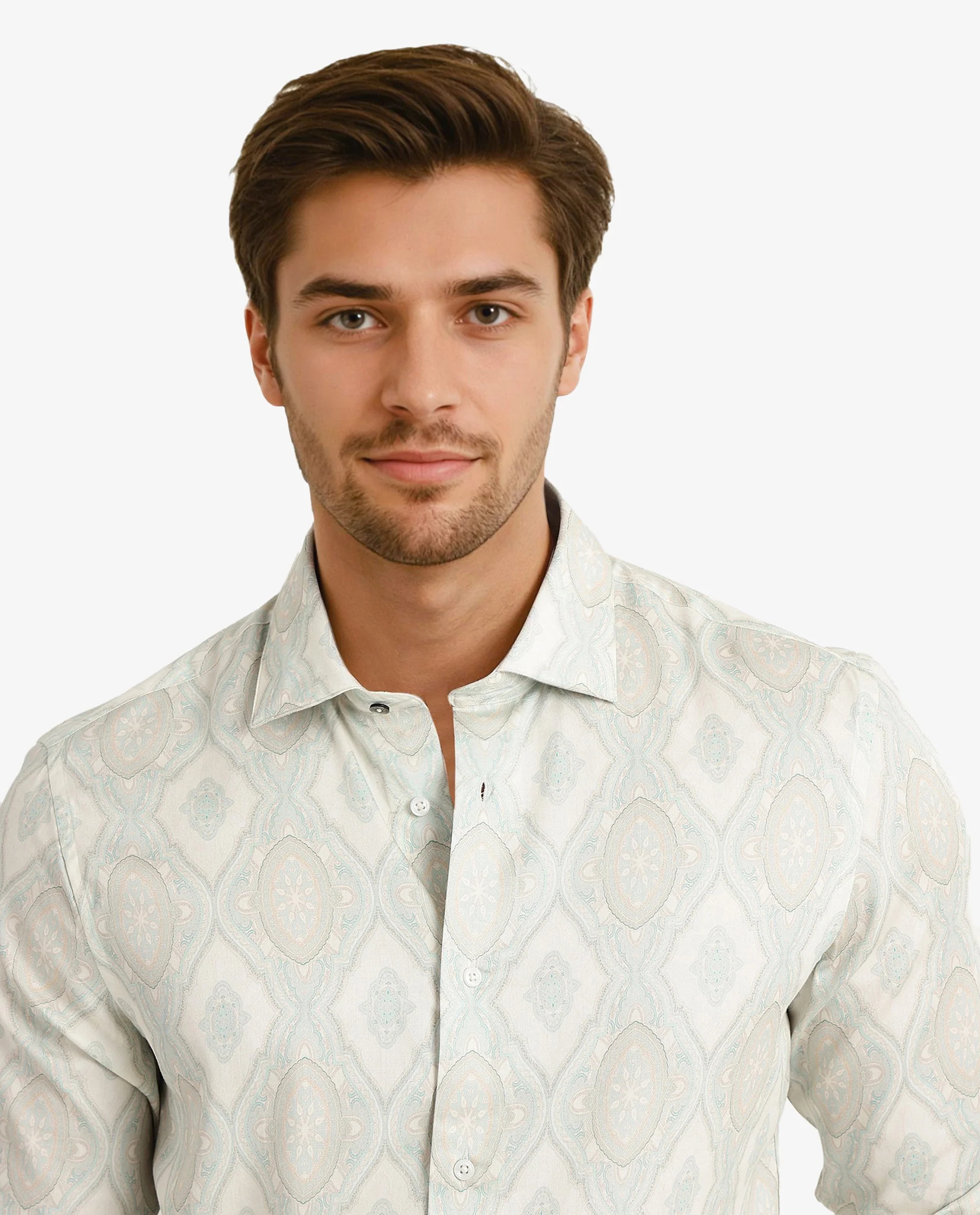 Rare Rabbit Men's Elix Off White Satin Decorative Print Regular Fit Full Sleeve Collared Shirt - Image 3
