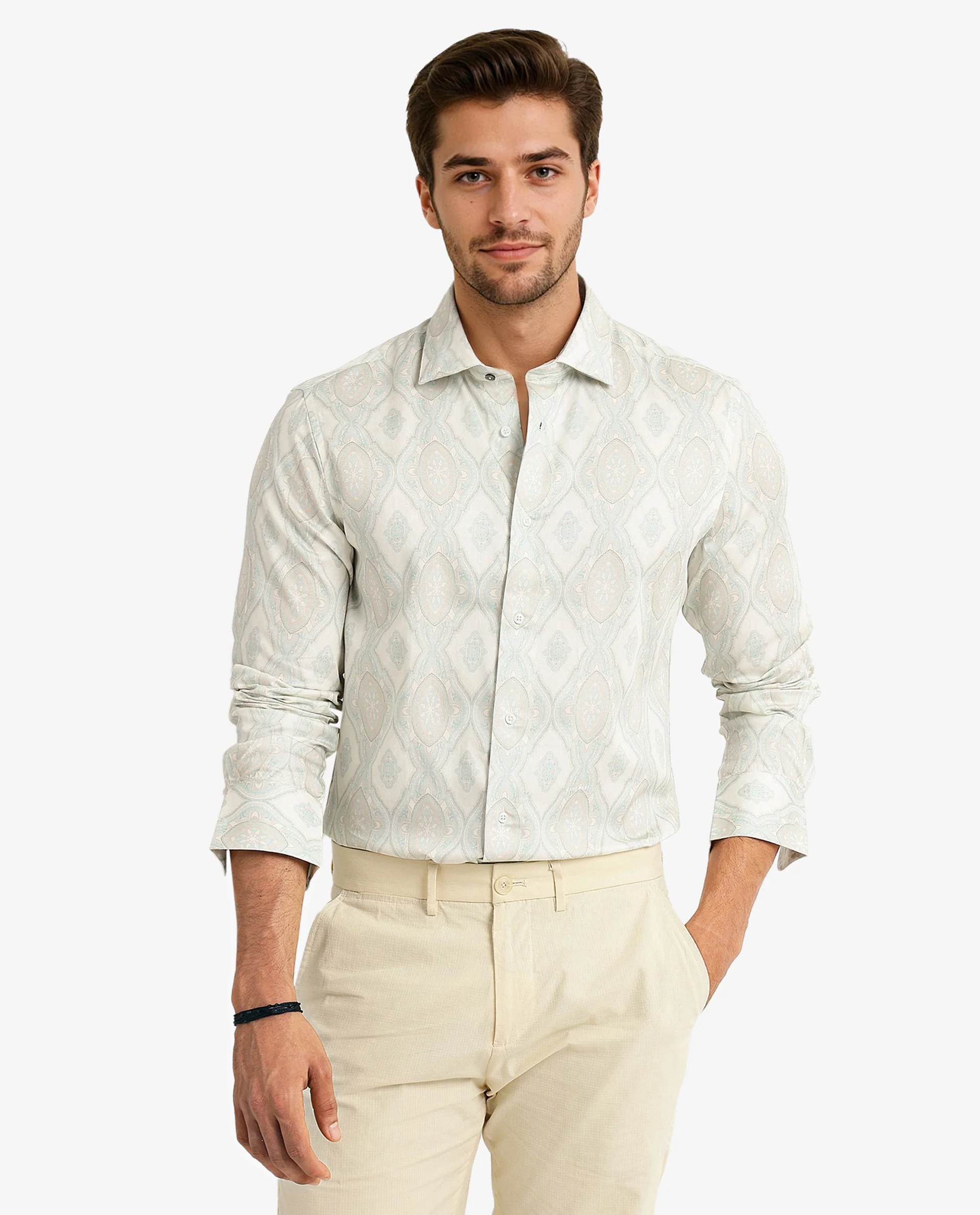 Rare Rabbit Men's Elix Off White Satin Decorative Print Regular Fit Full Sleeve Collared Shirt - Image 4