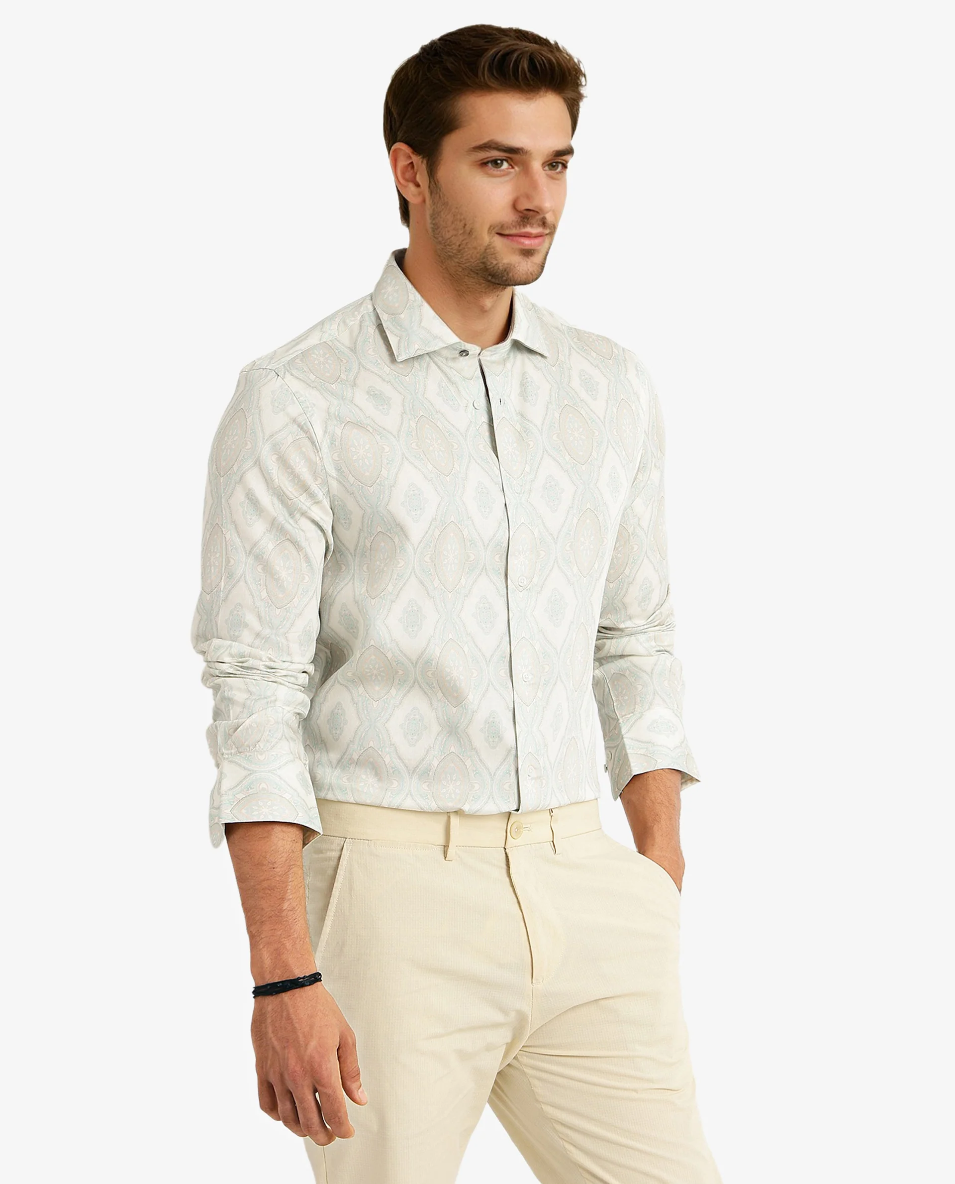 Rare Rabbit Men's Elix Off White Satin Decorative Print Regular Fit Full Sleeve Collared Shirt - Image 5