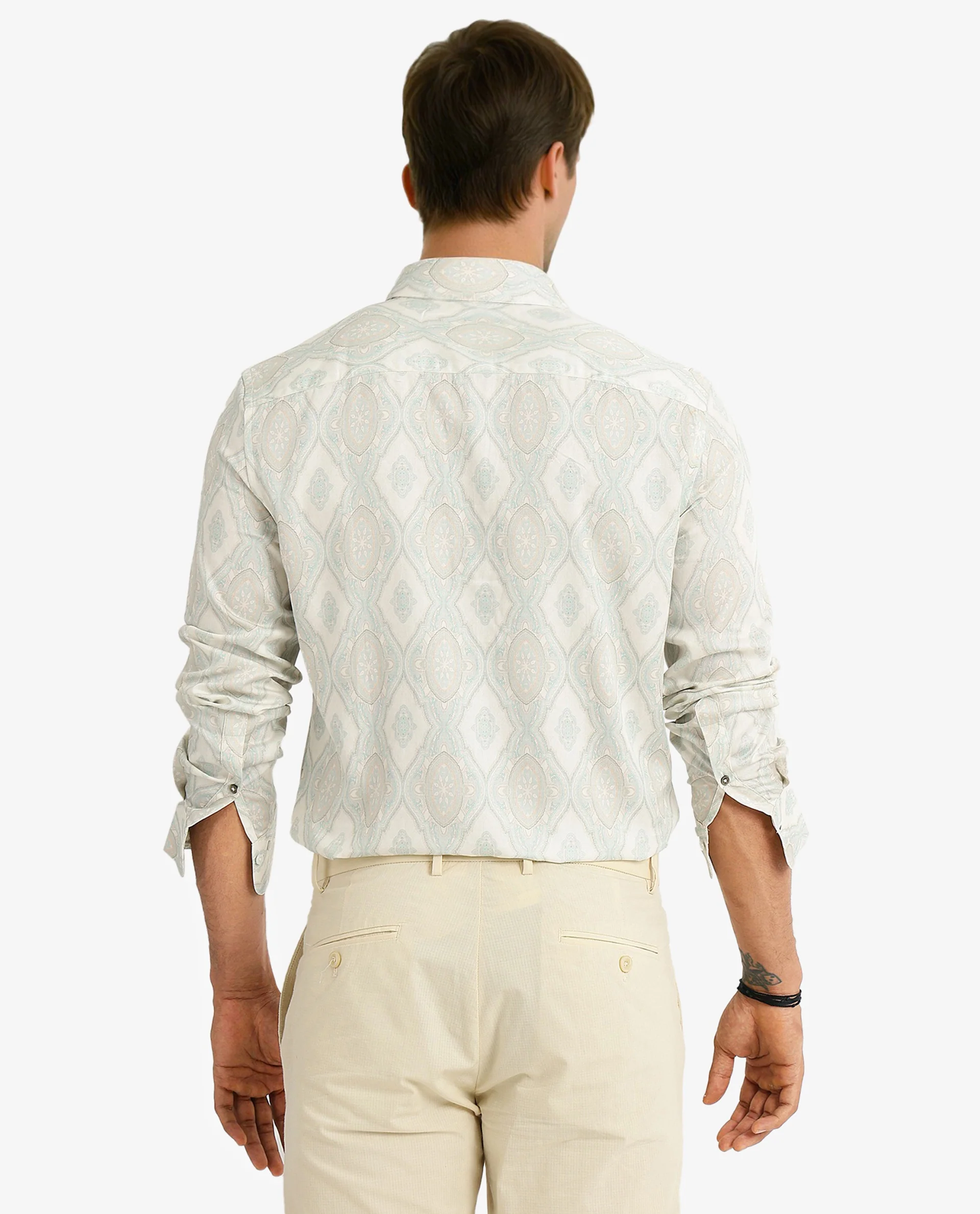 Rare Rabbit Men's Elix Off White Satin Decorative Print Regular Fit Full Sleeve Collared Shirt - Image 6