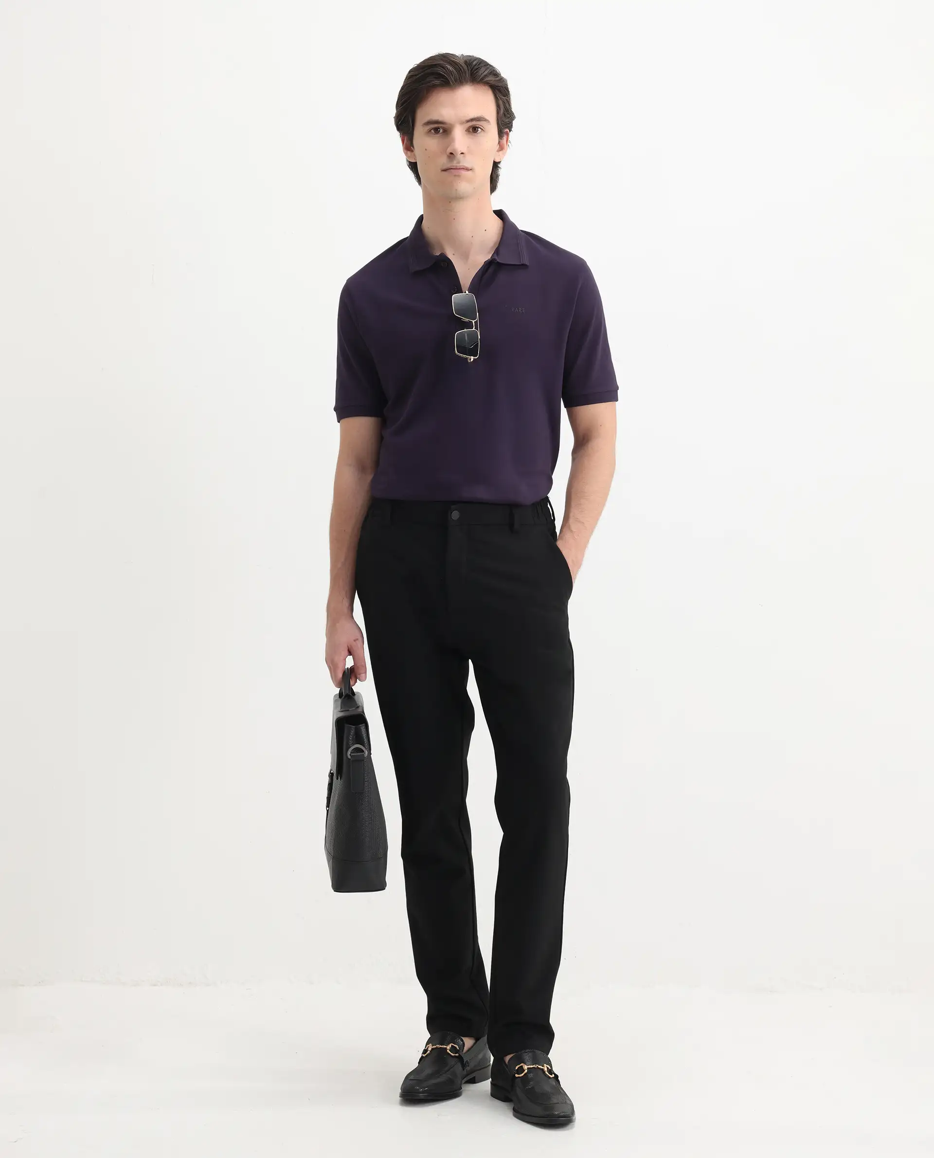 Rare Rabbit Men's Elixir Dark Purple Cotton Blend Plain Regular Fit Half Sleeve Polo - Image 2