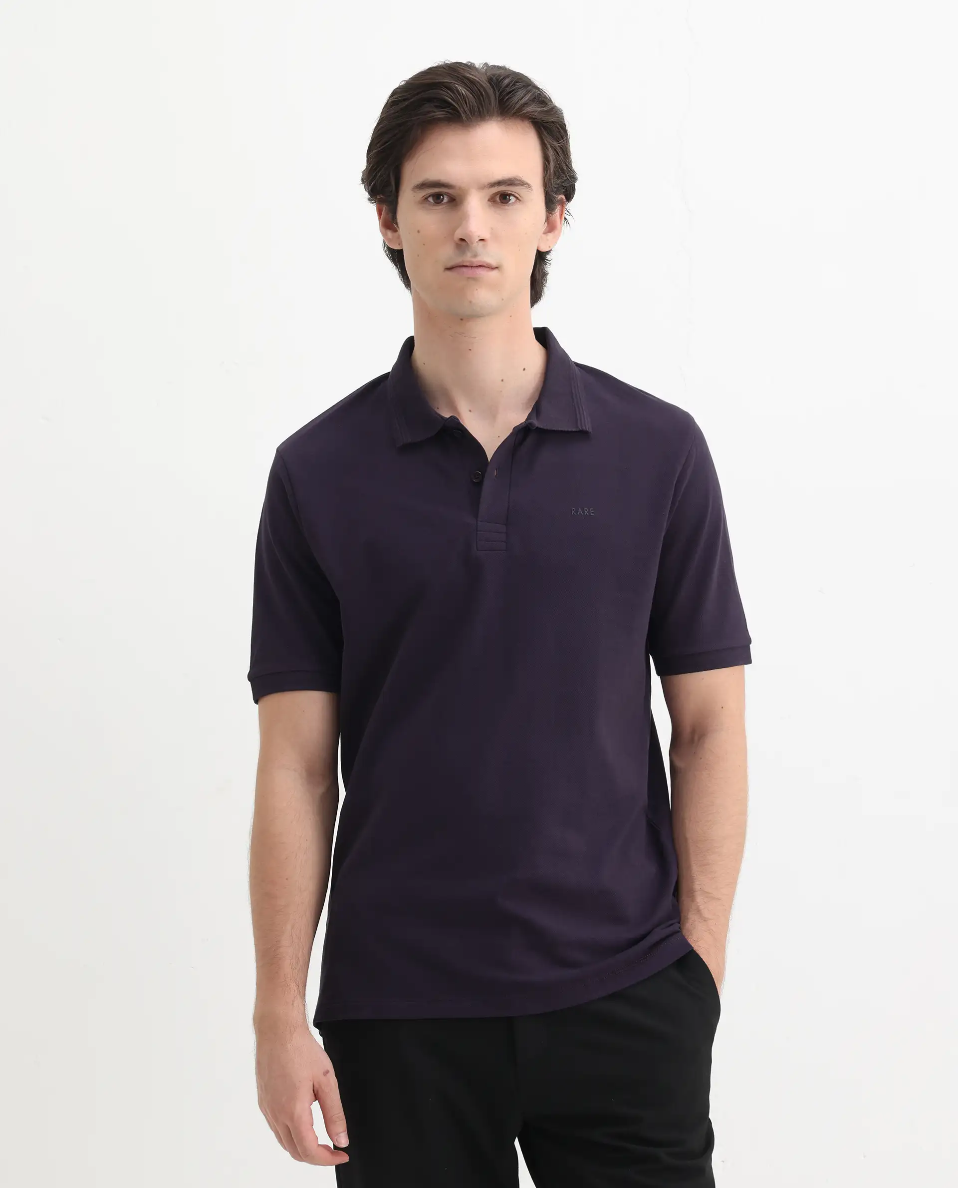 Rare Rabbit Men's Elixir Dark Purple Cotton Blend Plain Regular Fit Half Sleeve Polo - Image 4