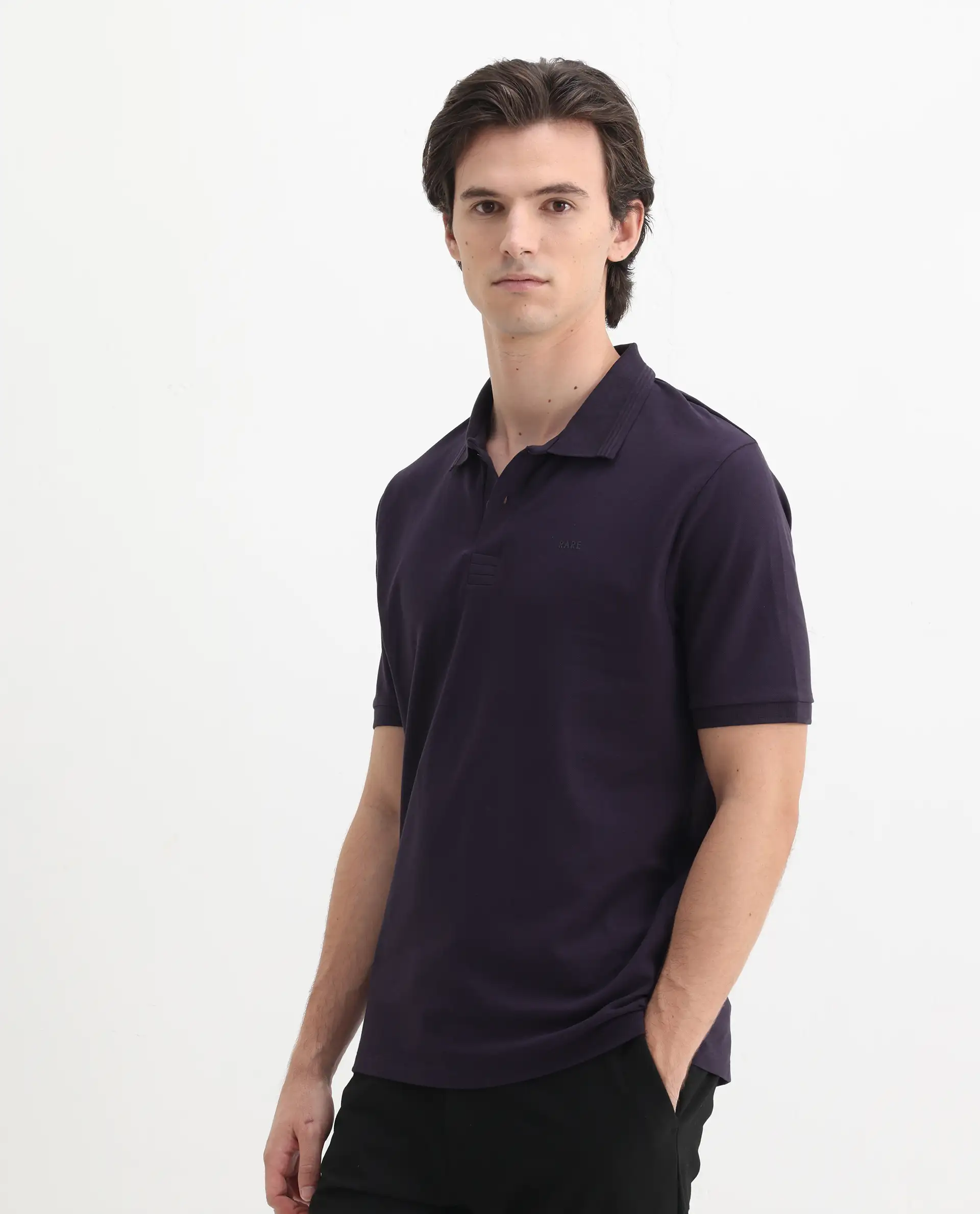 Rare Rabbit Men's Elixir Dark Purple Cotton Blend Plain Regular Fit Half Sleeve Polo - Image 5
