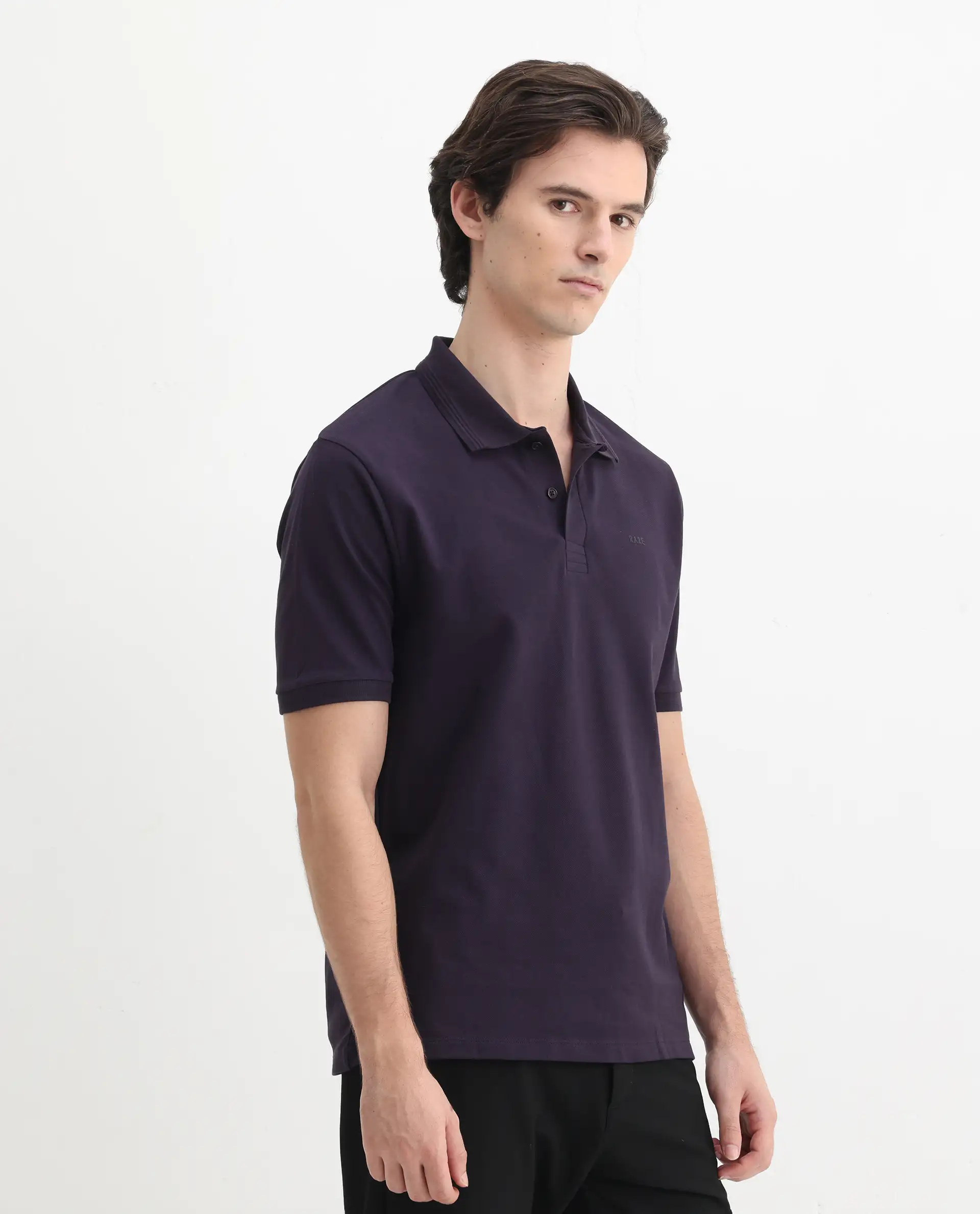 Rare Rabbit Men's Elixir Dark Purple Cotton Blend Plain Regular Fit Half Sleeve Polo - Image 6