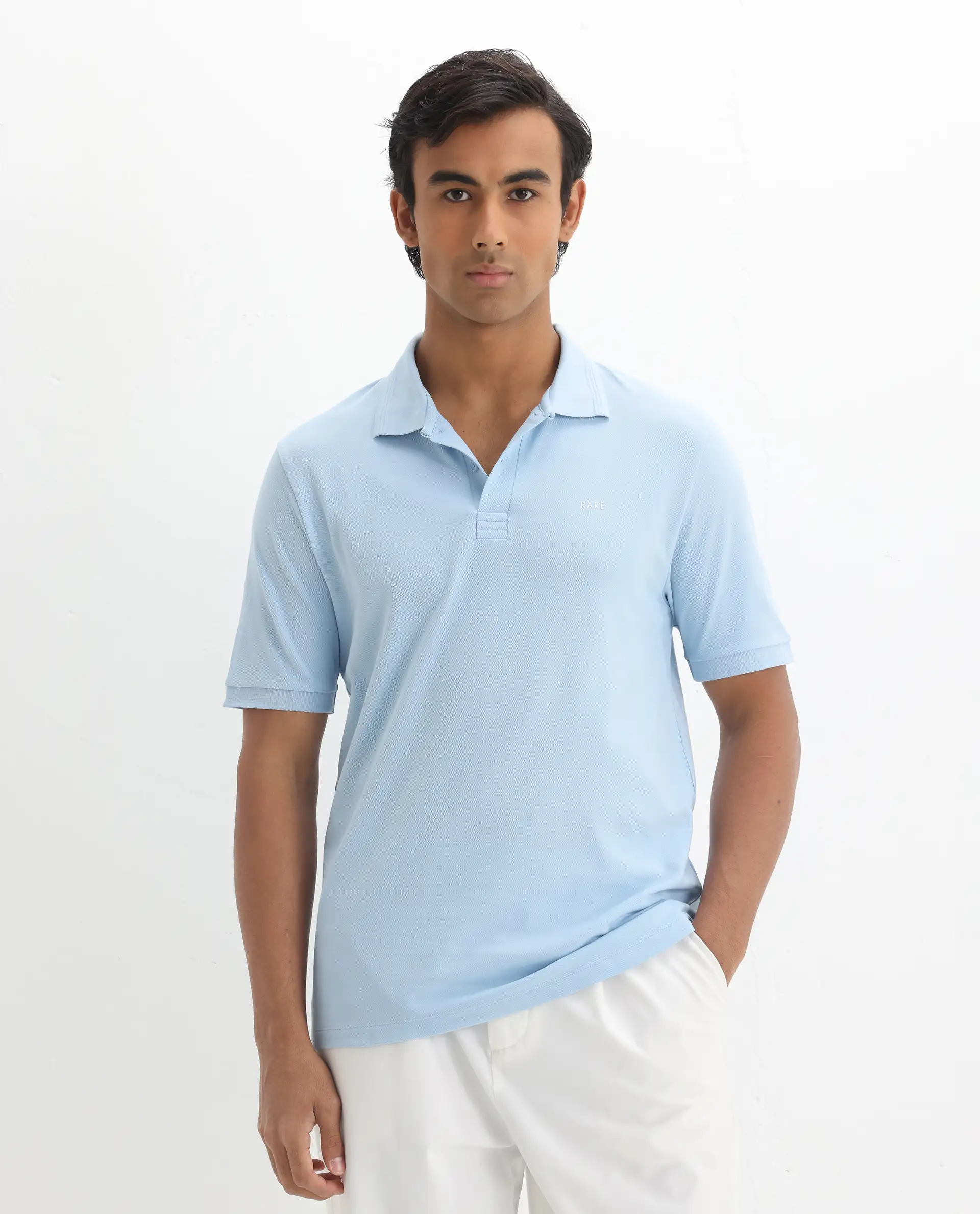 Rare Rabbit Men's Elixir Dusky Blue Cotton Blend Plain Regular Fit Half Sleeve Polo - Image 4