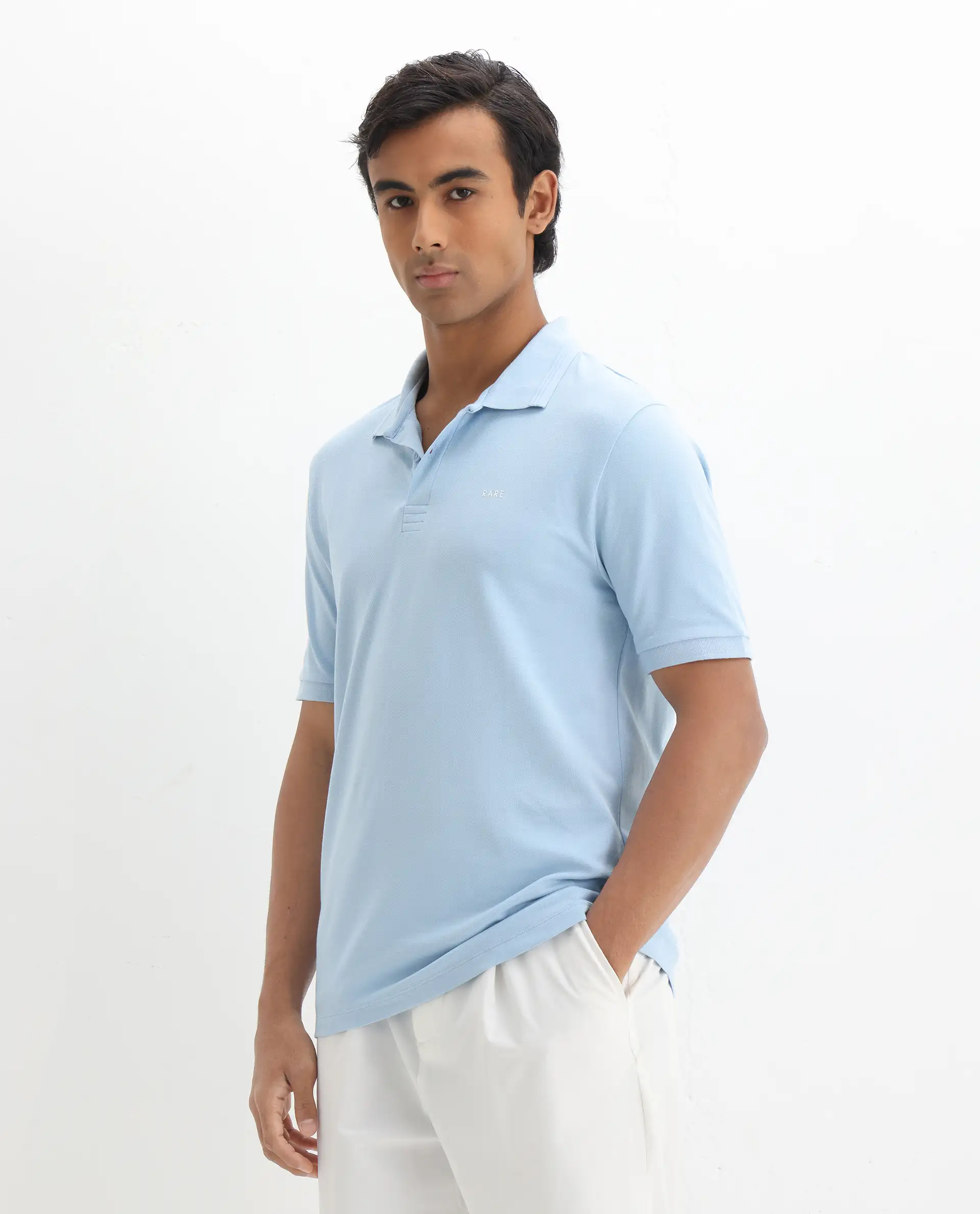 Rare Rabbit Men's Elixir Dusky Blue Cotton Blend Plain Regular Fit Half Sleeve Polo - Image 5