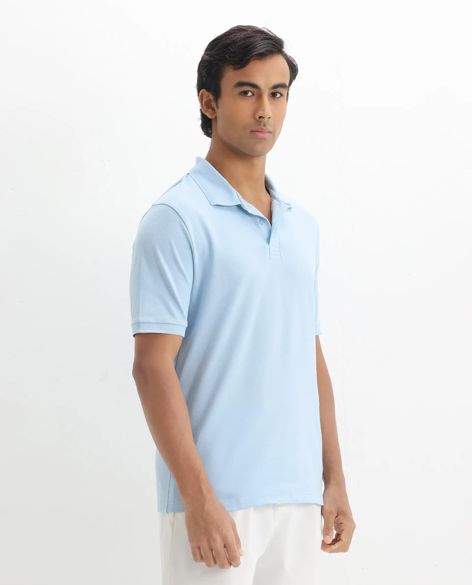 Rare Rabbit Men's Elixir Dusky Blue Cotton Blend Plain Regular Fit Half Sleeve Polo - Image 6