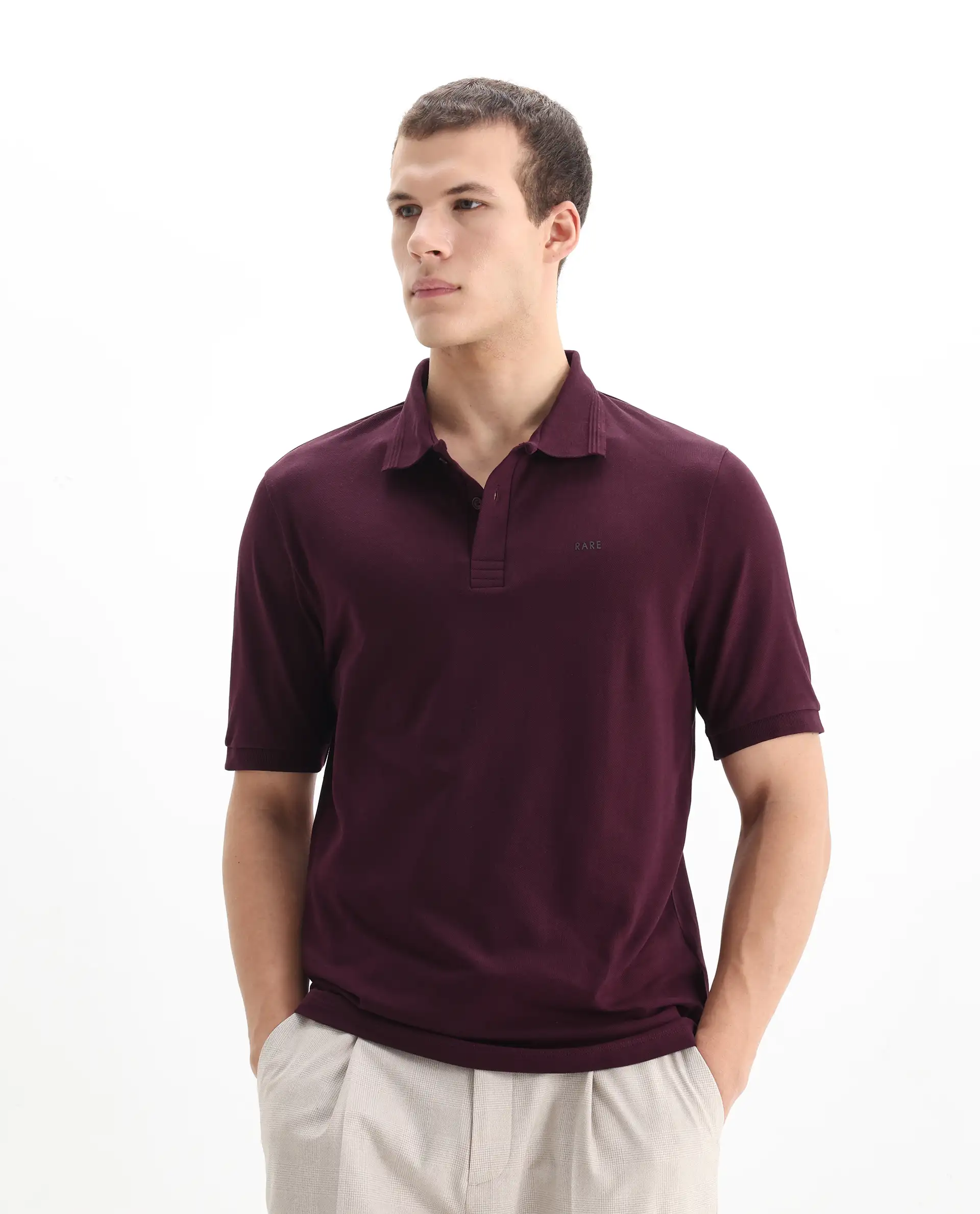Rare Rabbit Men's Elixir Maroon Cotton Blend Plain Regular Fit Half Sleeve Polo - Image 4