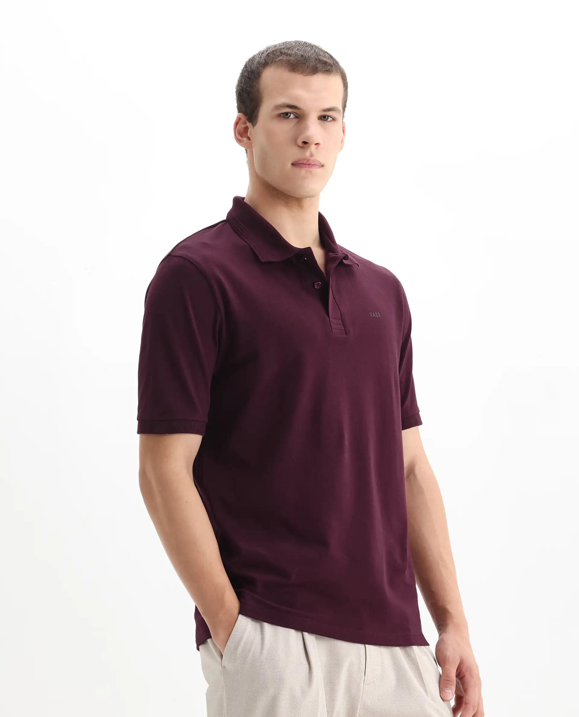 Rare Rabbit Men's Elixir Maroon Cotton Blend Plain Regular Fit Half Sleeve Polo - Image 5