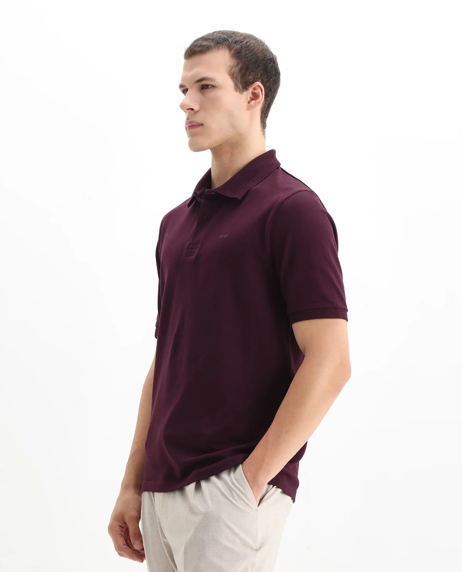 Rare Rabbit Men's Elixir Maroon Cotton Blend Plain Regular Fit Half Sleeve Polo - Image 6