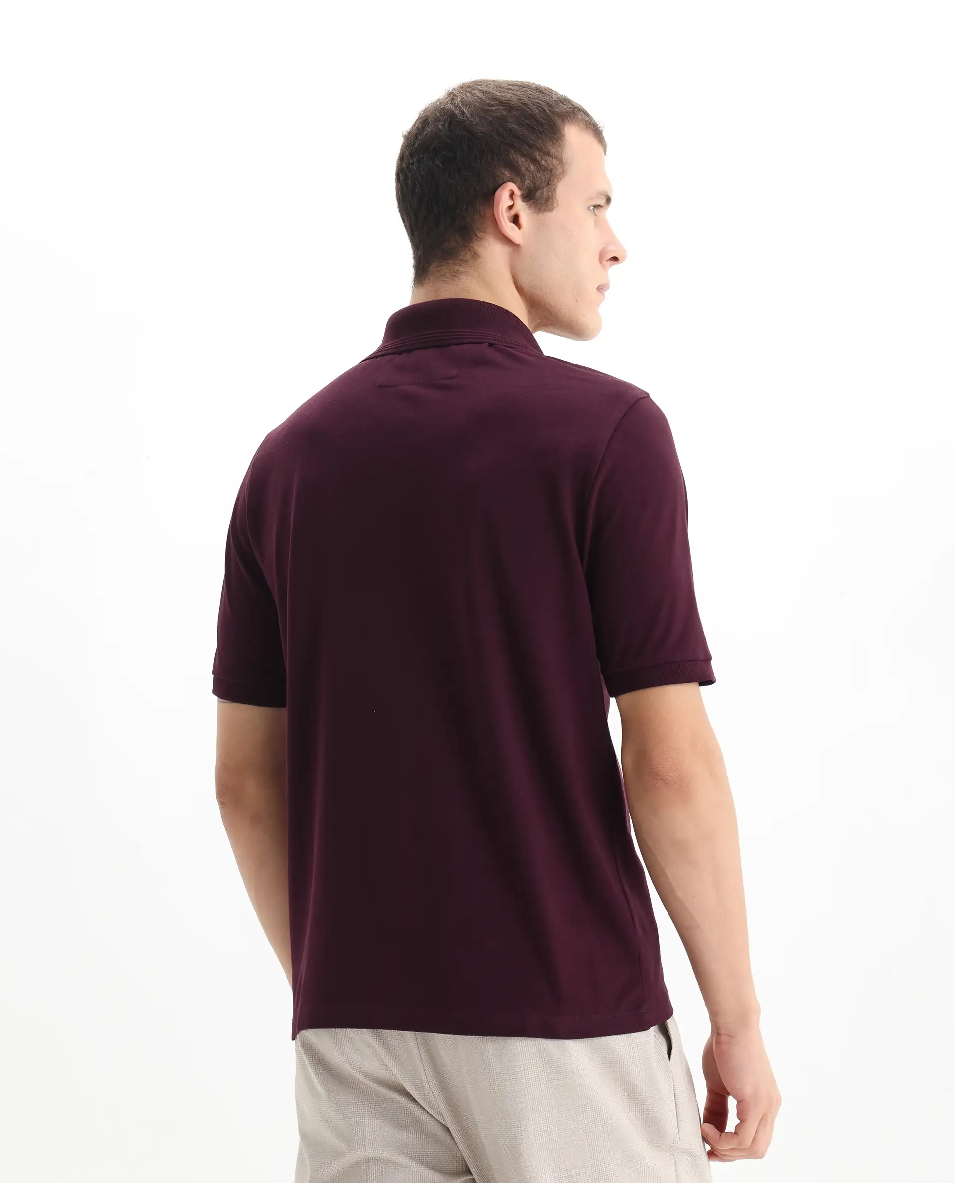 Rare Rabbit Men's Elixir Maroon Cotton Blend Plain Regular Fit Half Sleeve Polo - Image 7