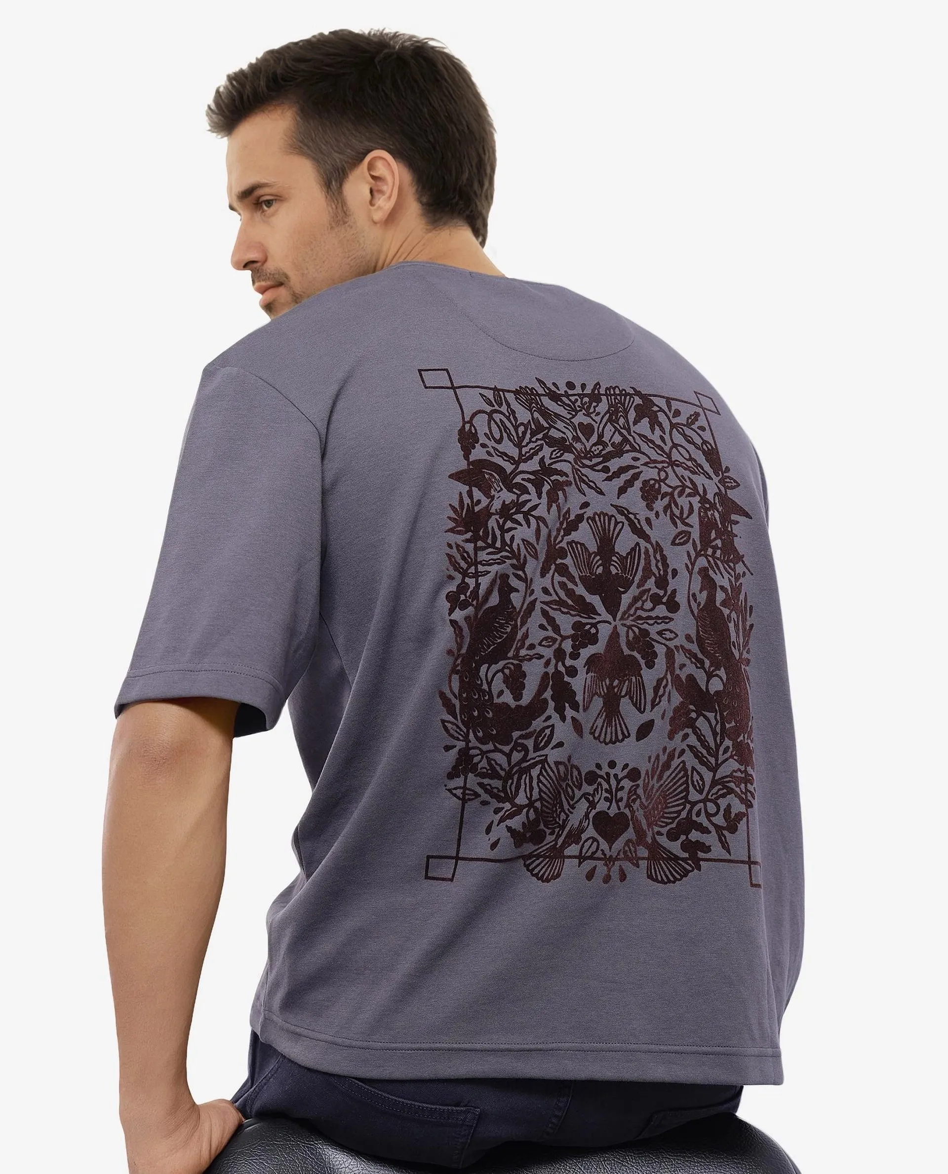 Rare Rabbit Men's Eliy Dark Grey Graphic Print Oversized Fit Half Sleeve Crew Neck T-Shirt - Image 10