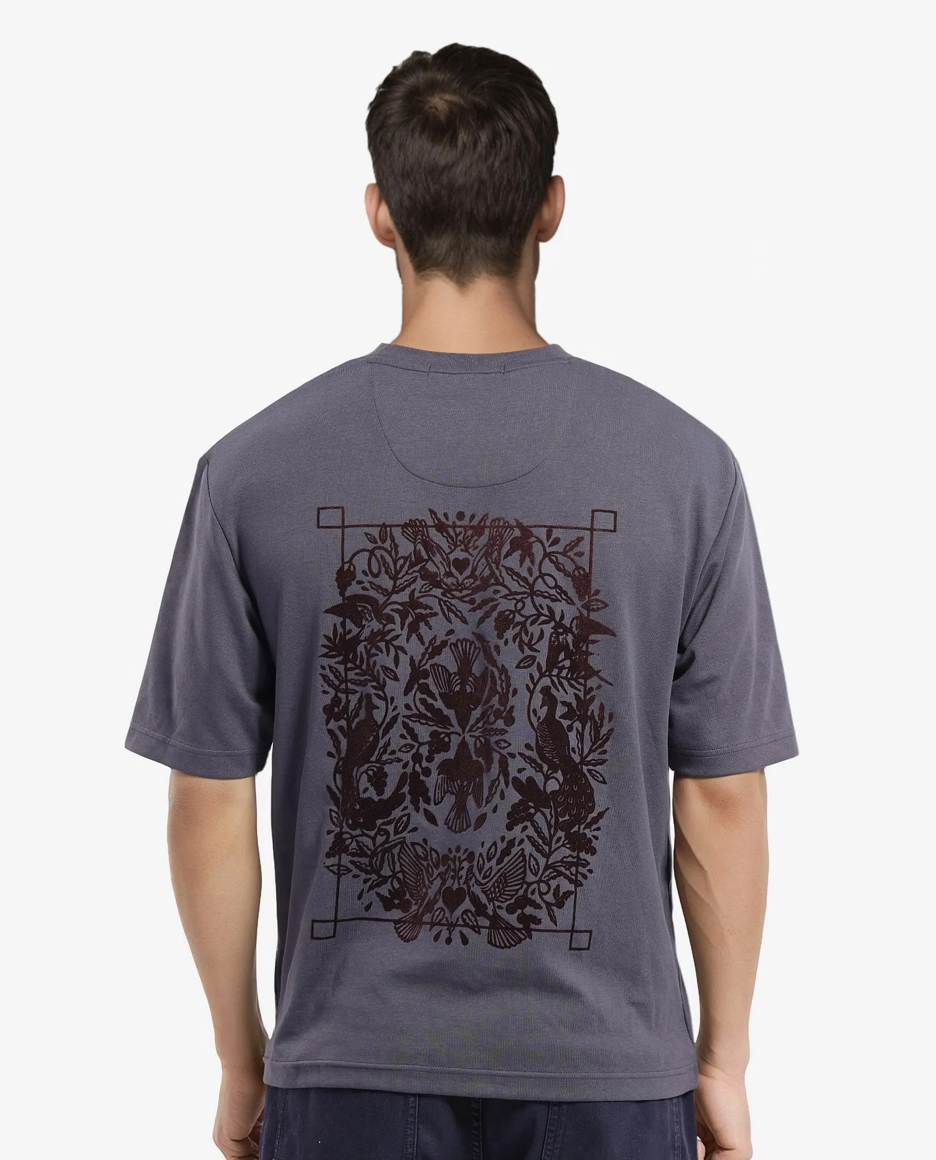 Rare Rabbit Men's Eliy Dark Grey Graphic Print Oversized Fit Half Sleeve Crew Neck T-Shirt - Image 2
