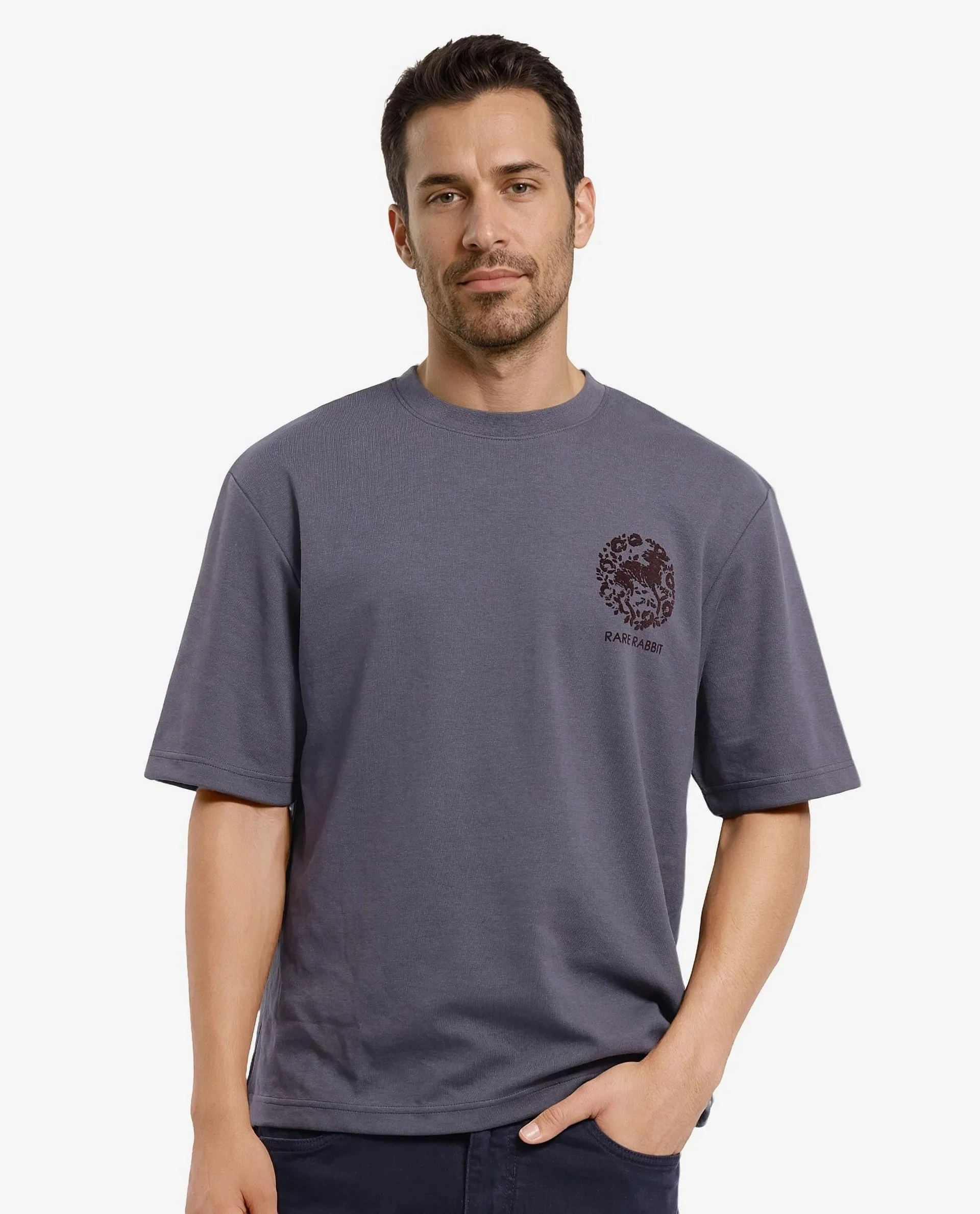 Rare Rabbit Men's Eliy Dark Grey Graphic Print Oversized Fit Half Sleeve Crew Neck T-Shirt - Image 3