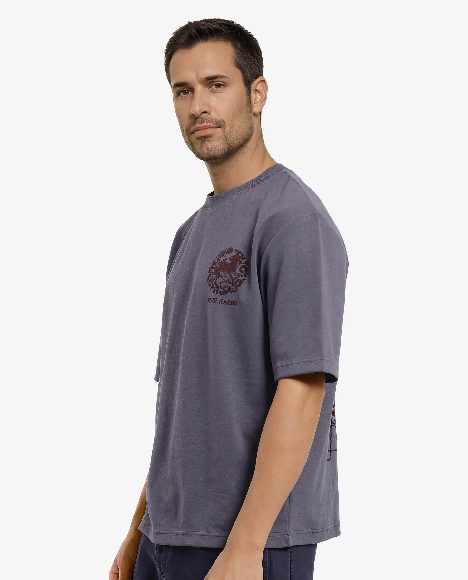 Rare Rabbit Men's Eliy Dark Grey Graphic Print Oversized Fit Half Sleeve Crew Neck T-Shirt - Image 5