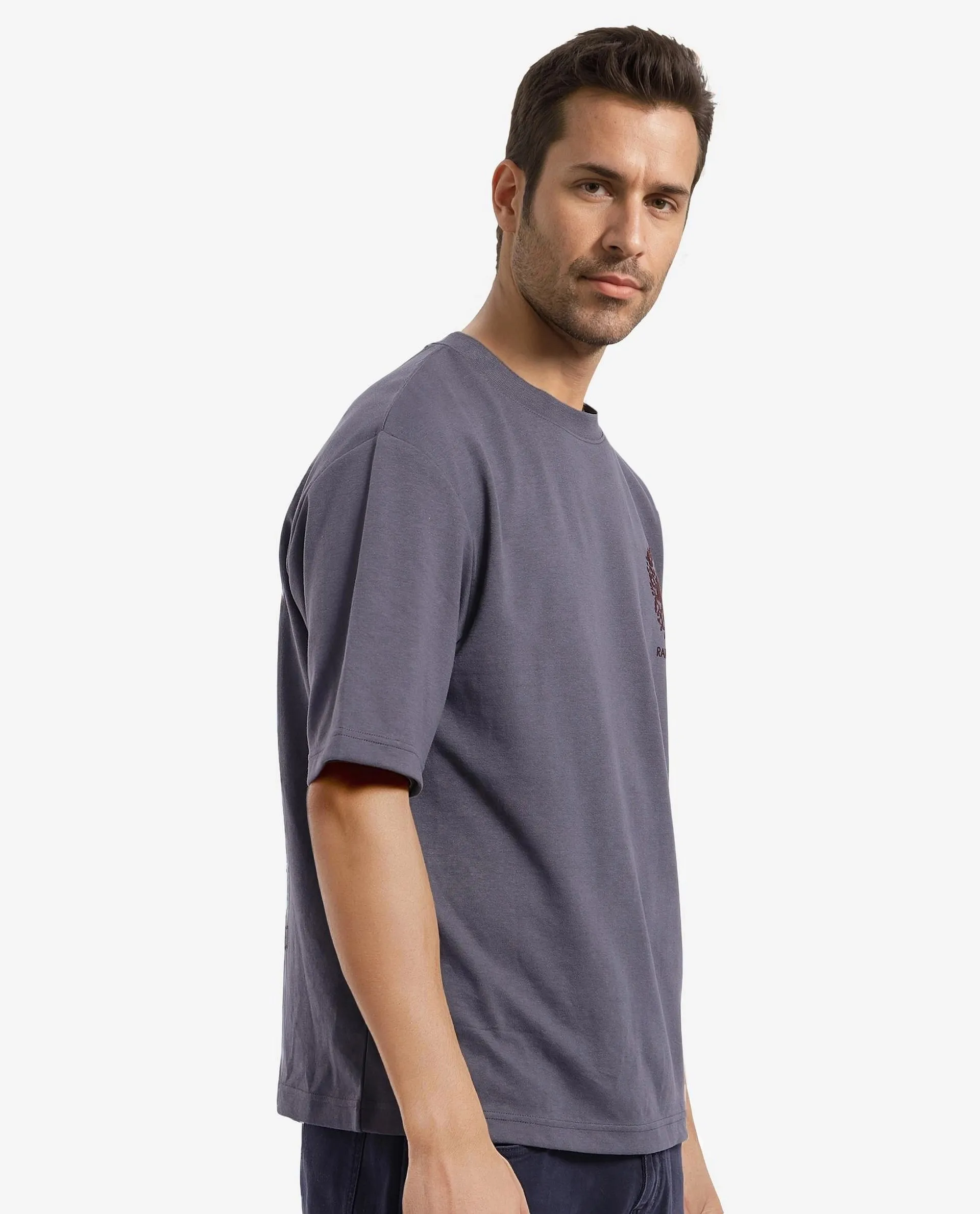 Rare Rabbit Men's Eliy Dark Grey Graphic Print Oversized Fit Half Sleeve Crew Neck T-Shirt - Image 6