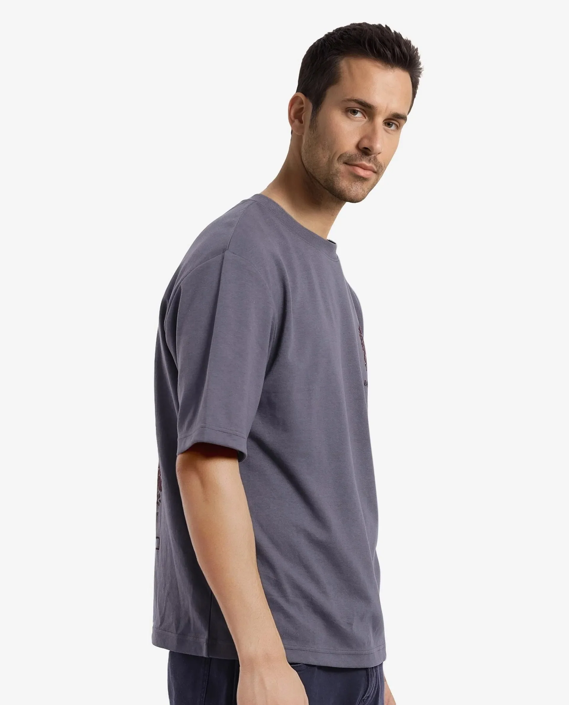 Rare Rabbit Men's Eliy Dark Grey Graphic Print Oversized Fit Half Sleeve Crew Neck T-Shirt - Image 7