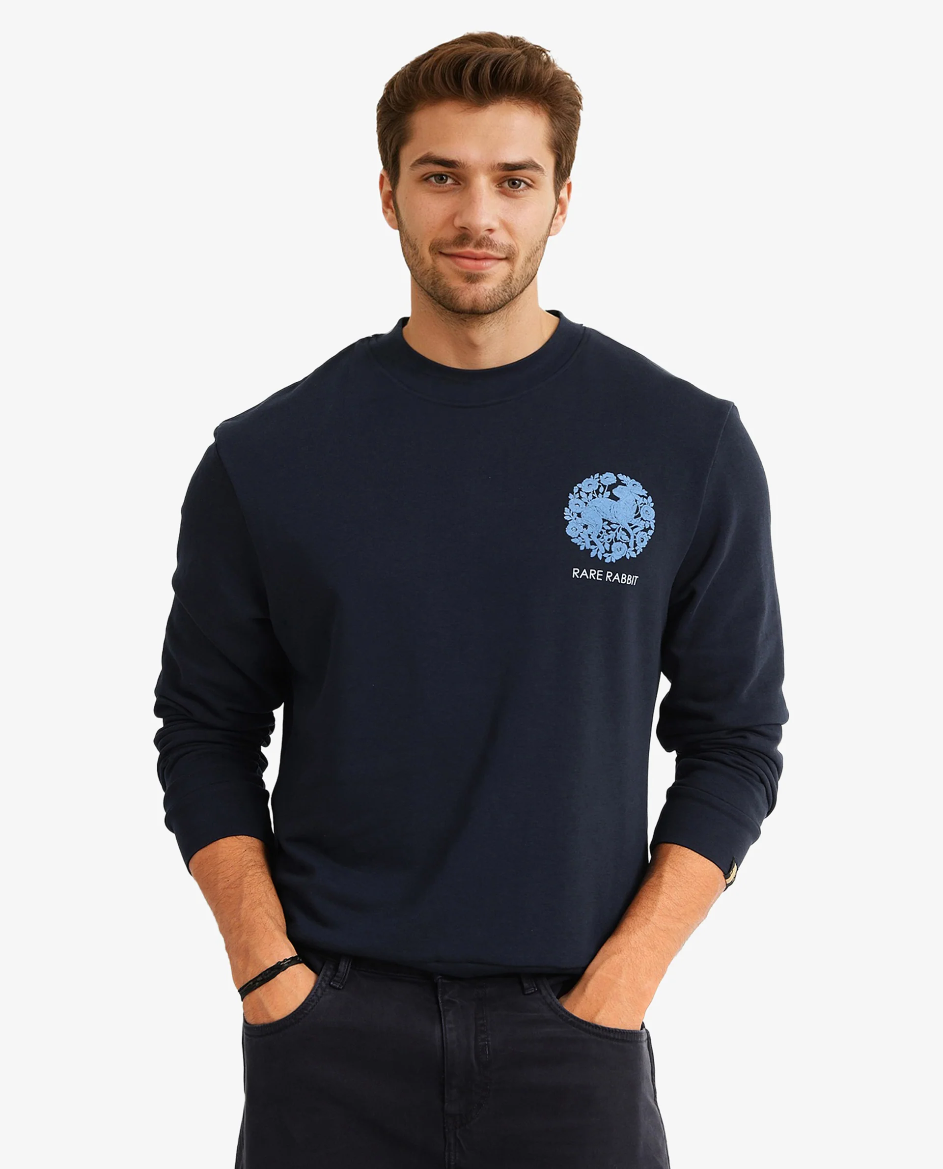 Rare Rabbit Men's Eliyo Navy Cotton Graphic Print Regular Fit Full Sleeve Crew Neck Sweatshirt - Image 2