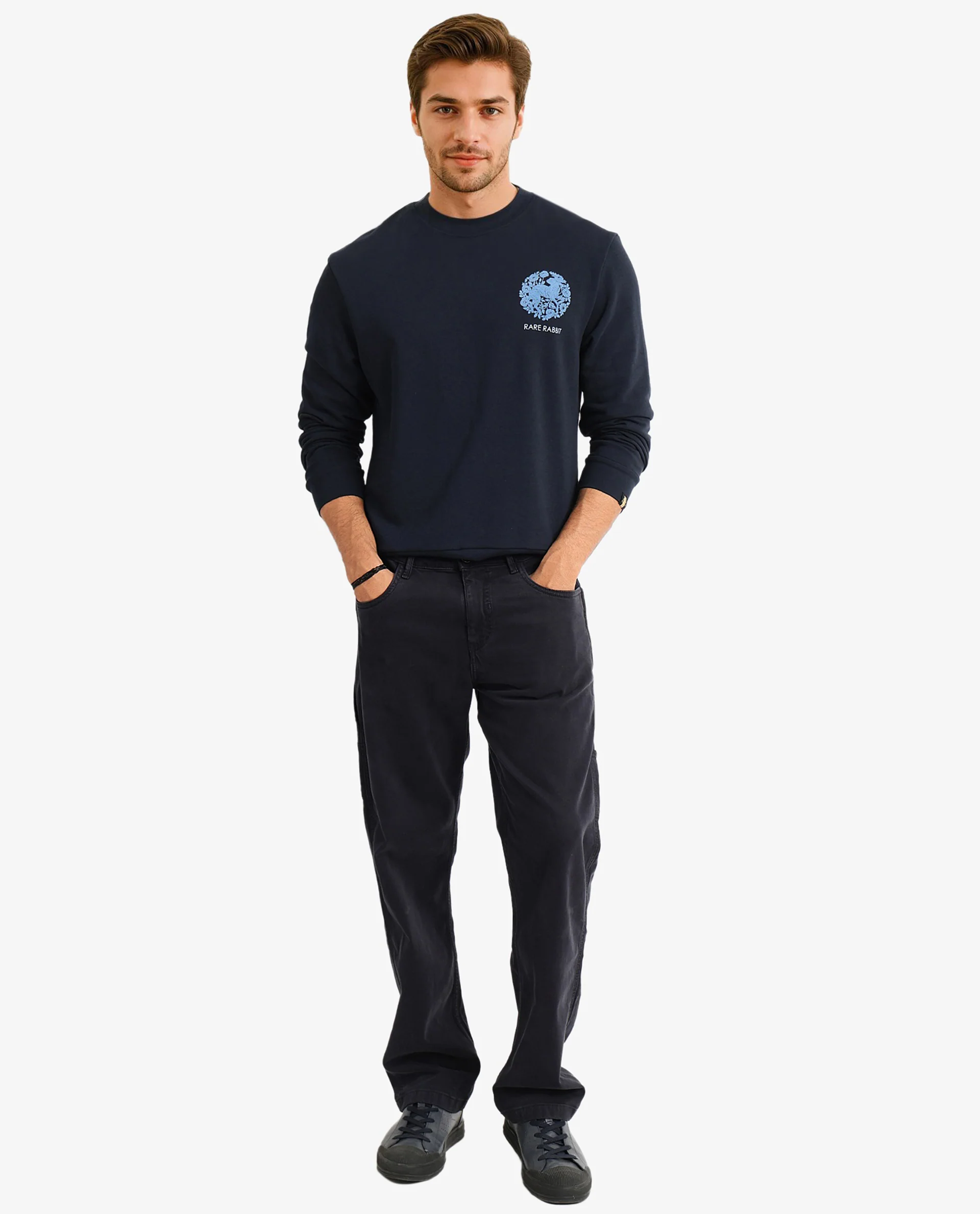 Rare Rabbit Men's Eliyo Navy Cotton Graphic Print Regular Fit Full Sleeve Crew Neck Sweatshirt - Image 3