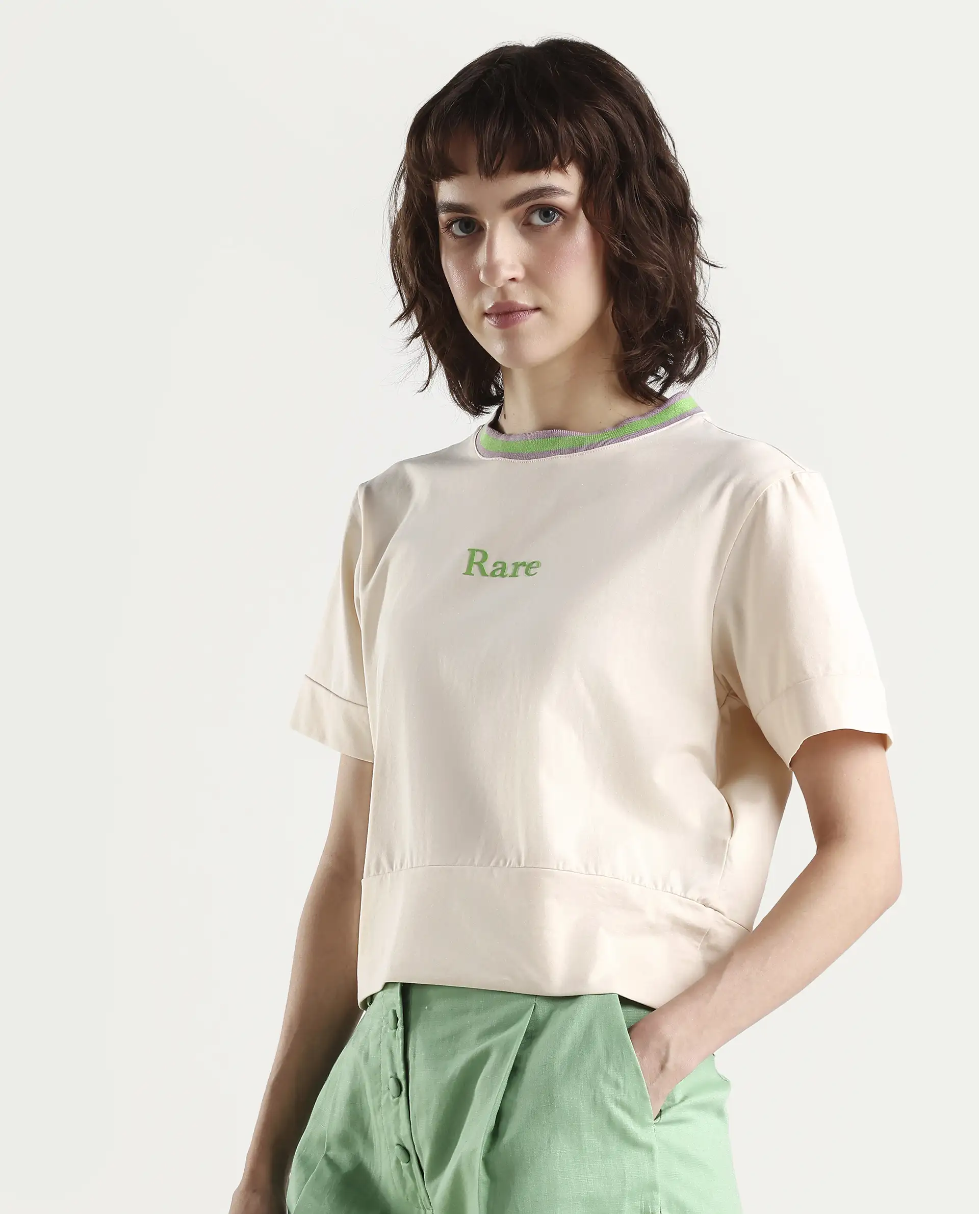 Rareism Women's Eliza Light Beige Cotton Blend Crew Neck Graphic Print Regular Fit T-Shirt - Image 5