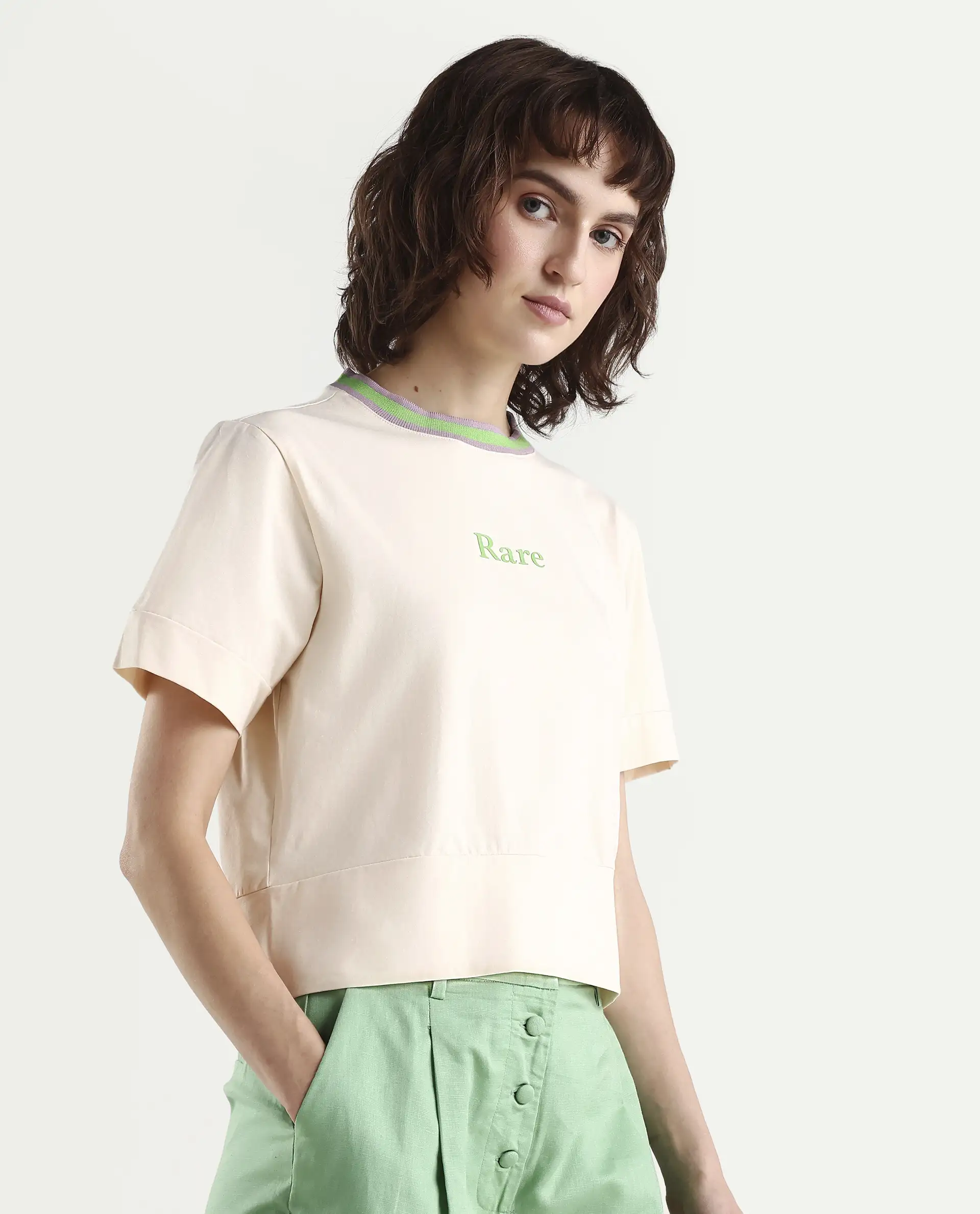 Rareism Women's Eliza Light Beige Cotton Blend Crew Neck Graphic Print Regular Fit T-Shirt - Image 6
