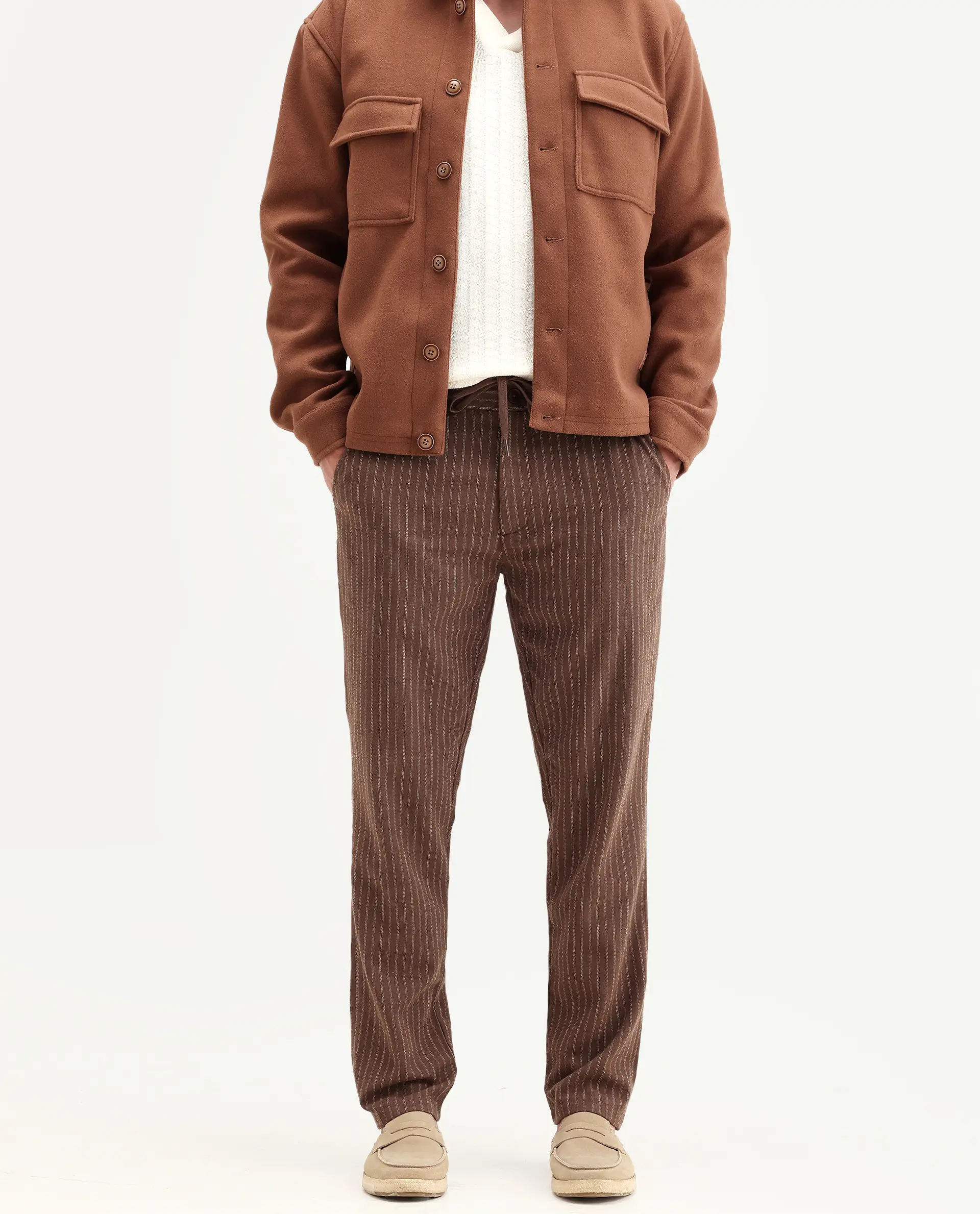 Rare Rabbit Men's Elkie-B Brown Cotton Blend Fabric Straight Fit Striped Trouser - Image 2