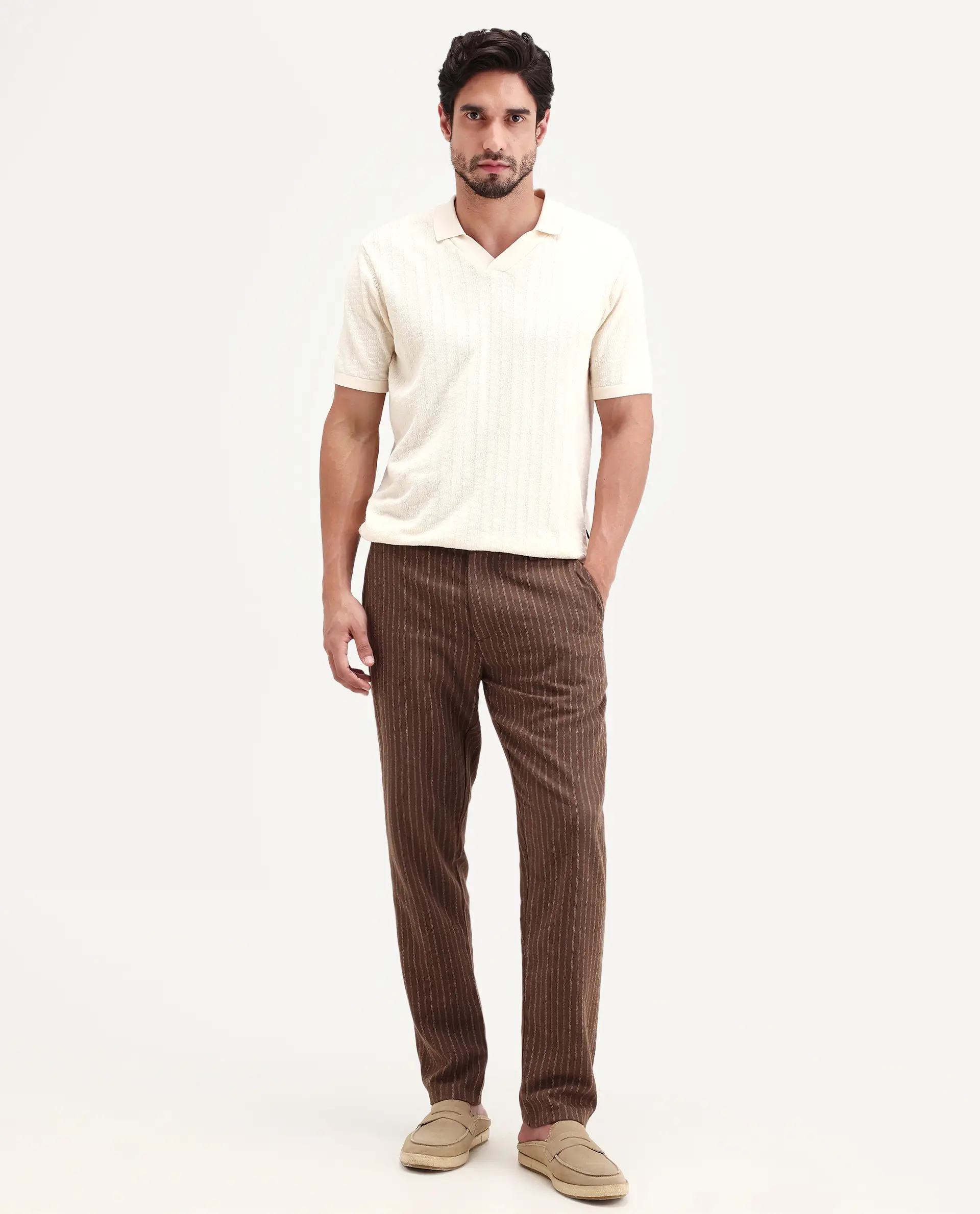 Rare Rabbit Men's Elkie-B Brown Cotton Blend Fabric Straight Fit Striped Trouser - Image 3