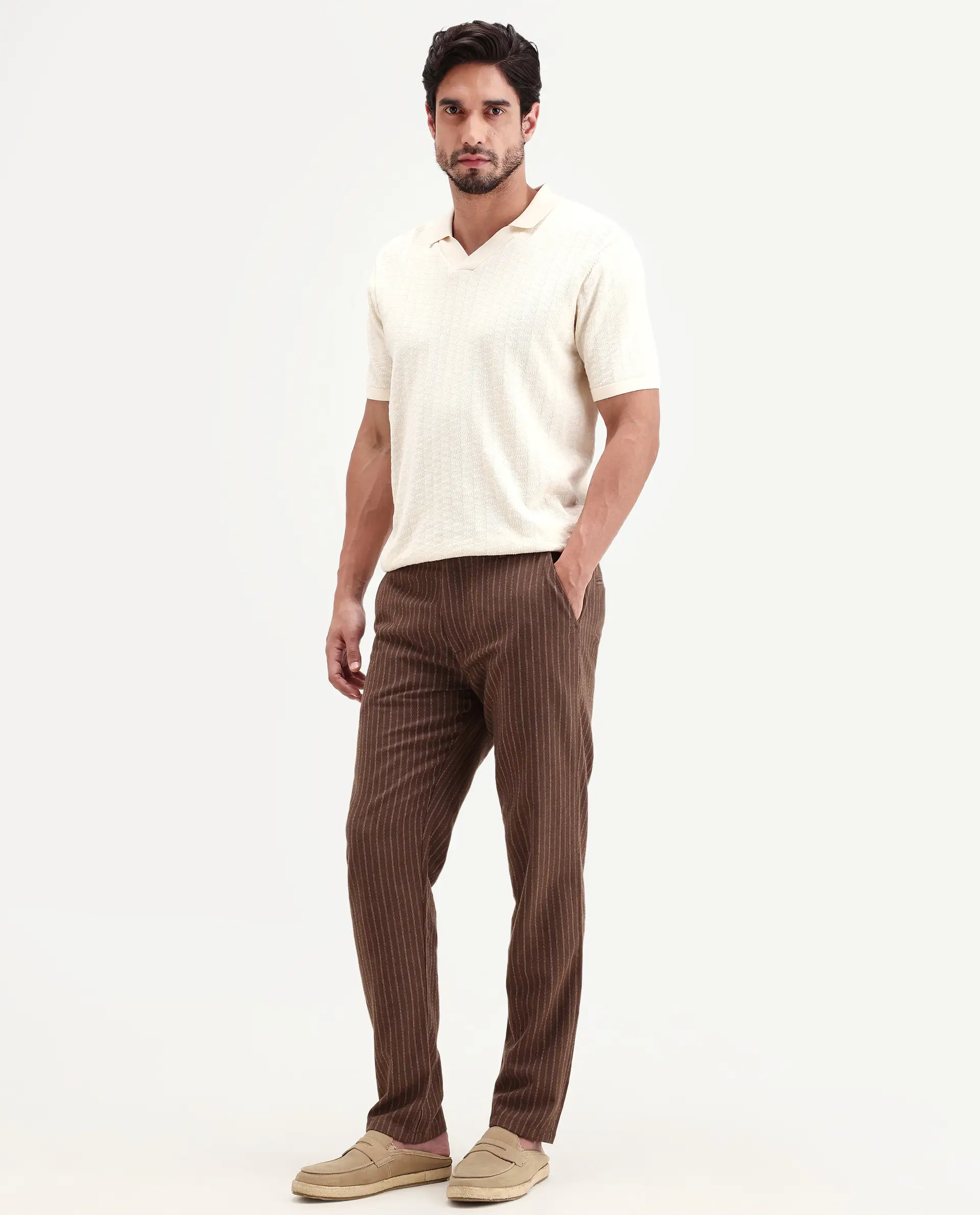 Rare Rabbit Men's Elkie-B Brown Cotton Blend Fabric Straight Fit Striped Trouser - Image 4