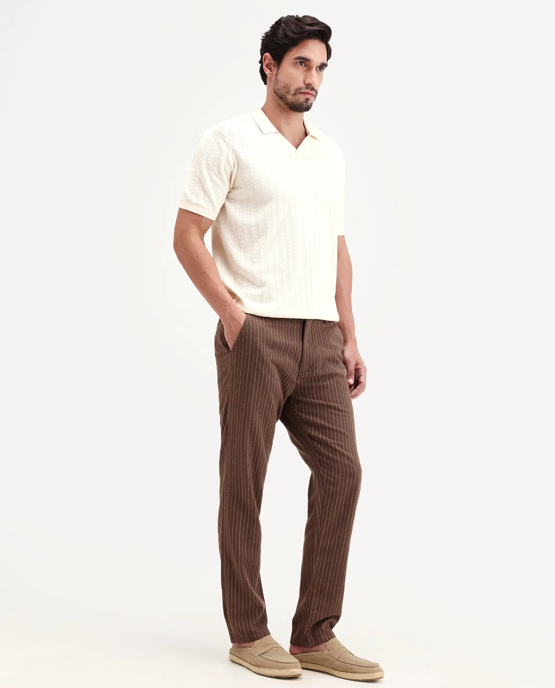 Rare Rabbit Men's Elkie-B Brown Cotton Blend Fabric Straight Fit Striped Trouser - Image 5