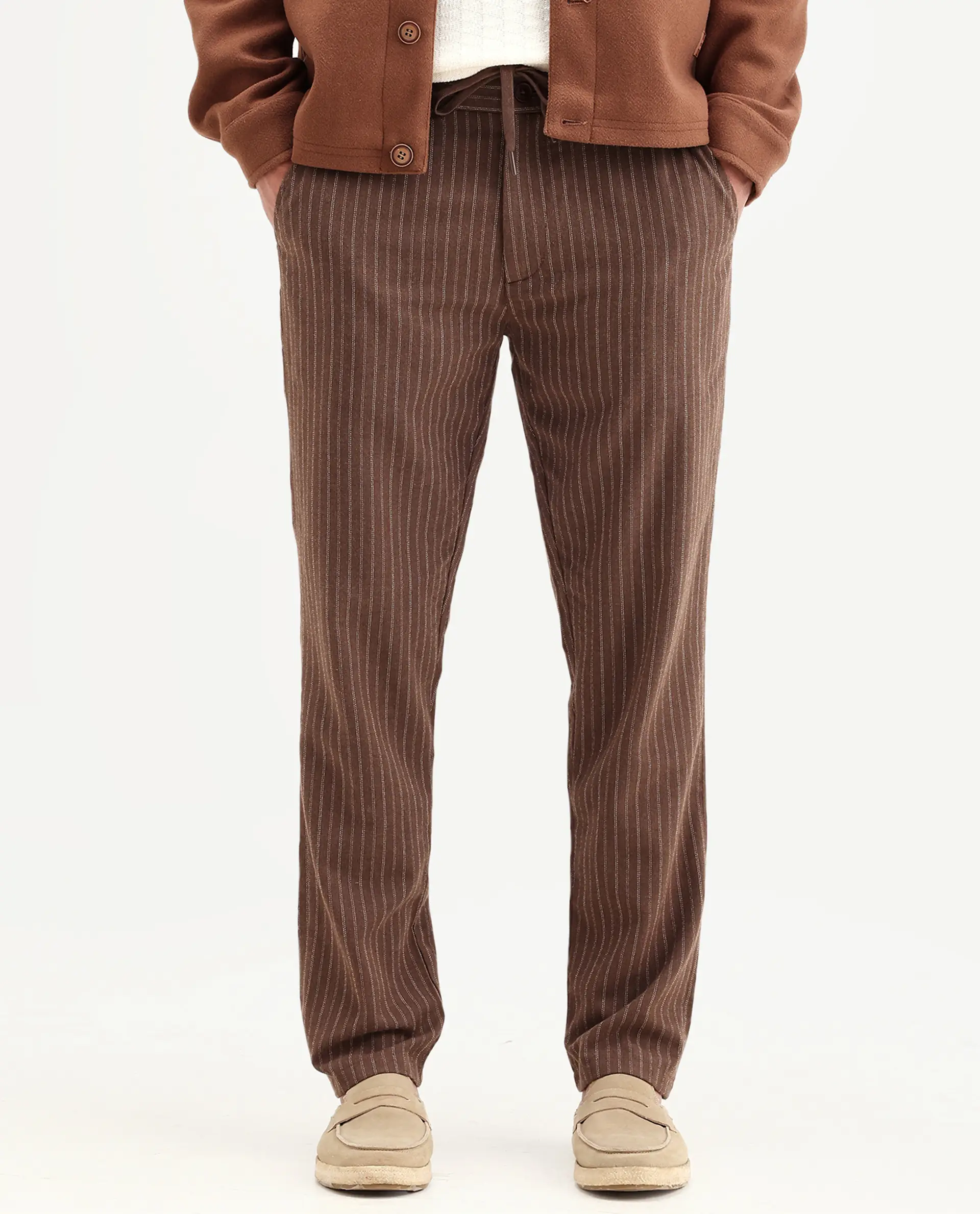 Rare Rabbit Men's Elkie-B Brown Cotton Blend Fabric Straight Fit Striped Trouser - Image 7